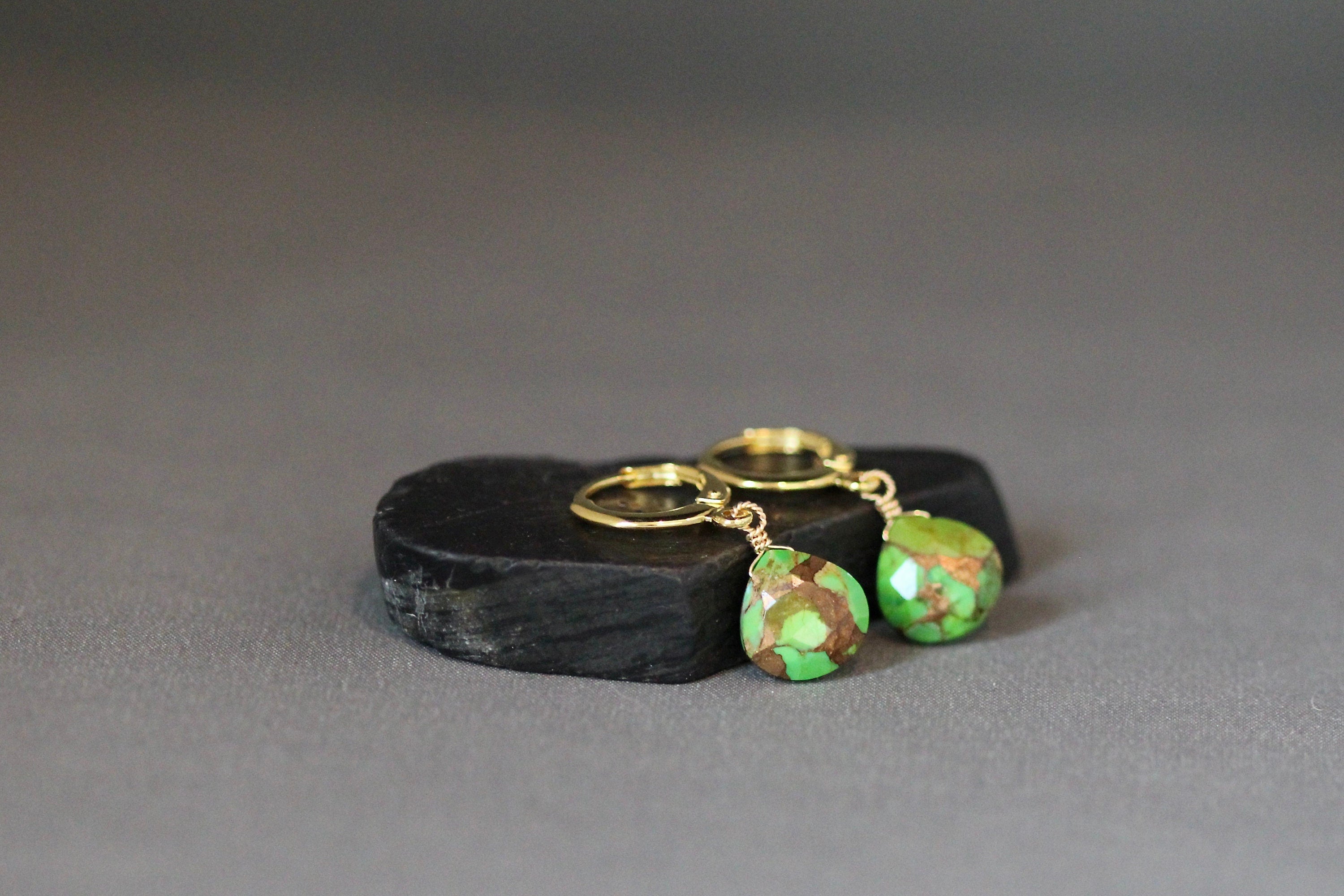 Green Copper Turquoise Teardrop Earrings with Gold Vermeil Huggie Hoops