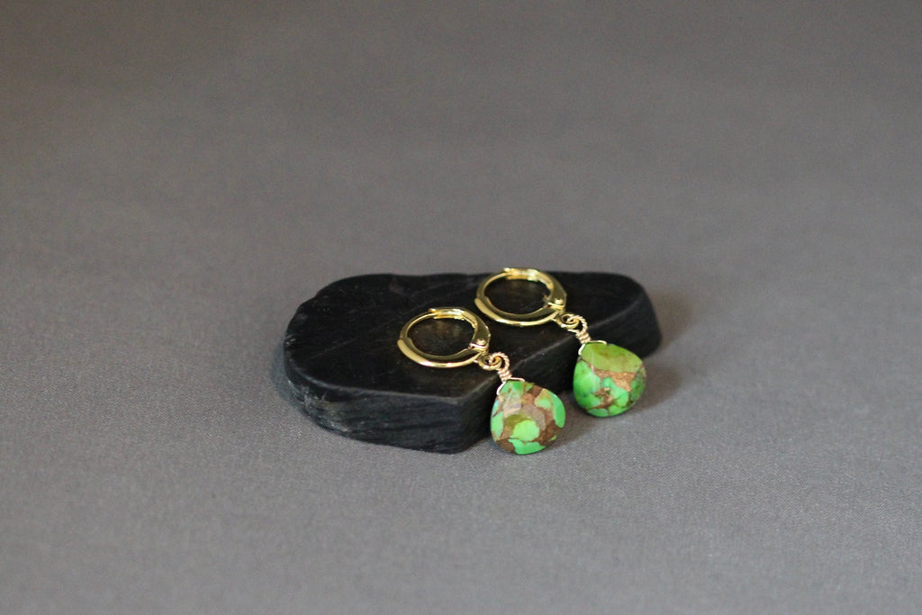 Green Copper Turquoise Teardrop Earrings with Gold Vermeil Huggie Hoops