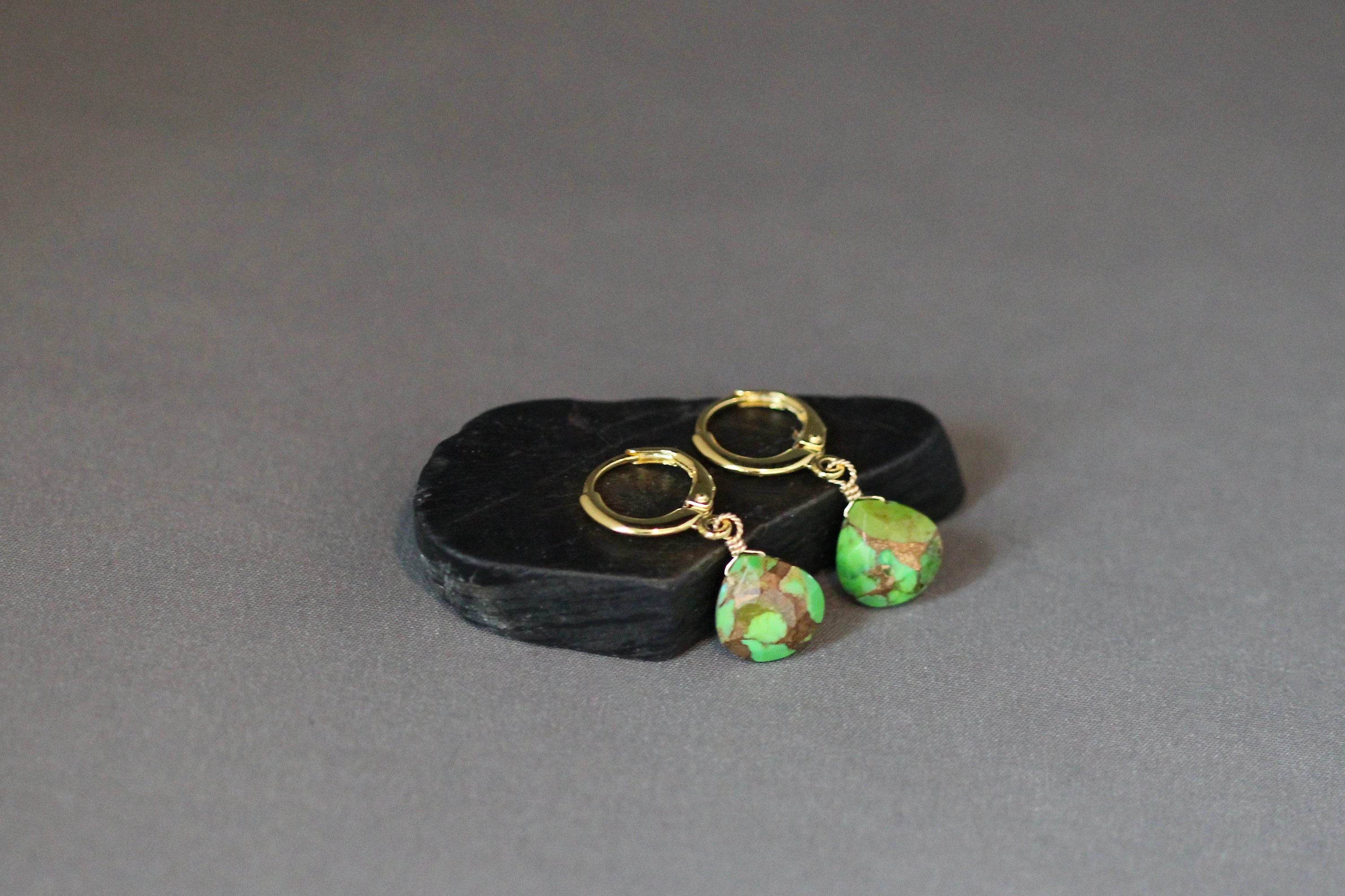 Green Copper Turquoise Teardrop Earrings with Gold Vermeil Huggie Hoops
