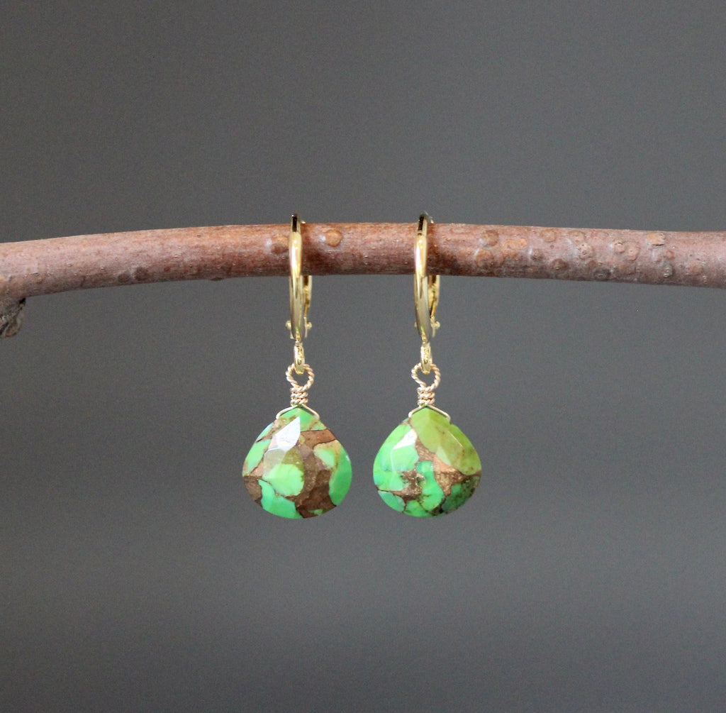 Green Copper Turquoise Teardrop Earrings with Gold Vermeil Huggie Hoops