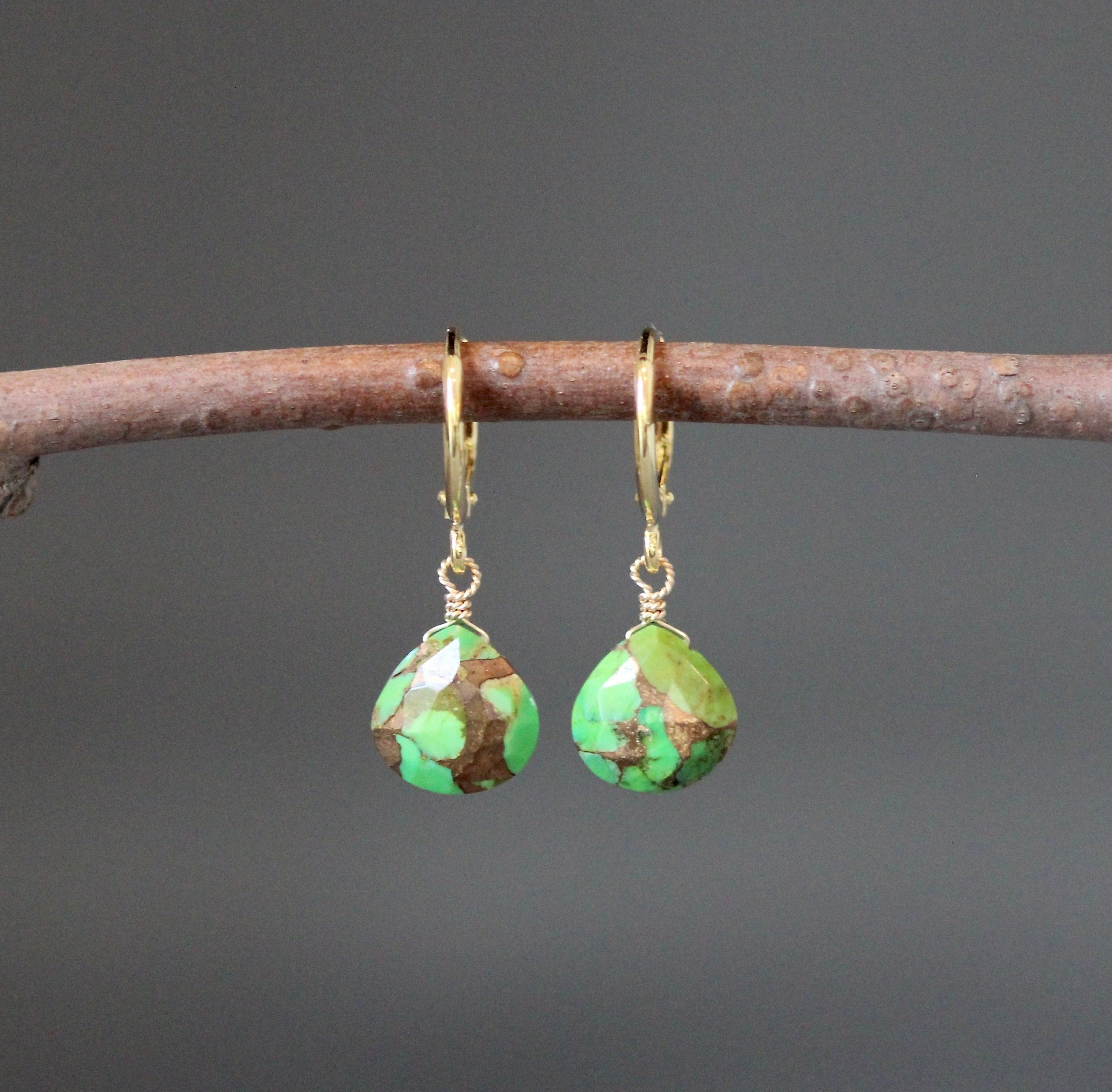 Green Copper Turquoise Teardrop Earrings with Gold Vermeil Huggie Hoops
