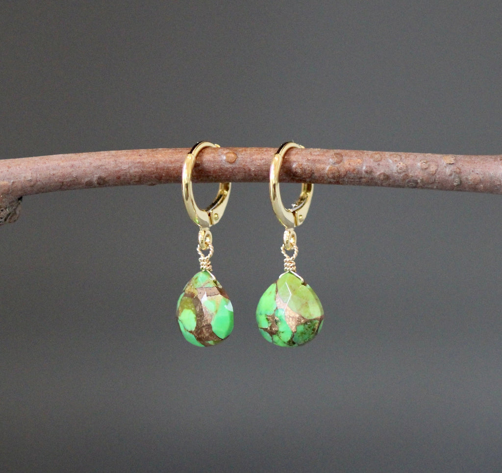Green Copper Turquoise Teardrop Earrings with Gold Vermeil Huggie Hoops