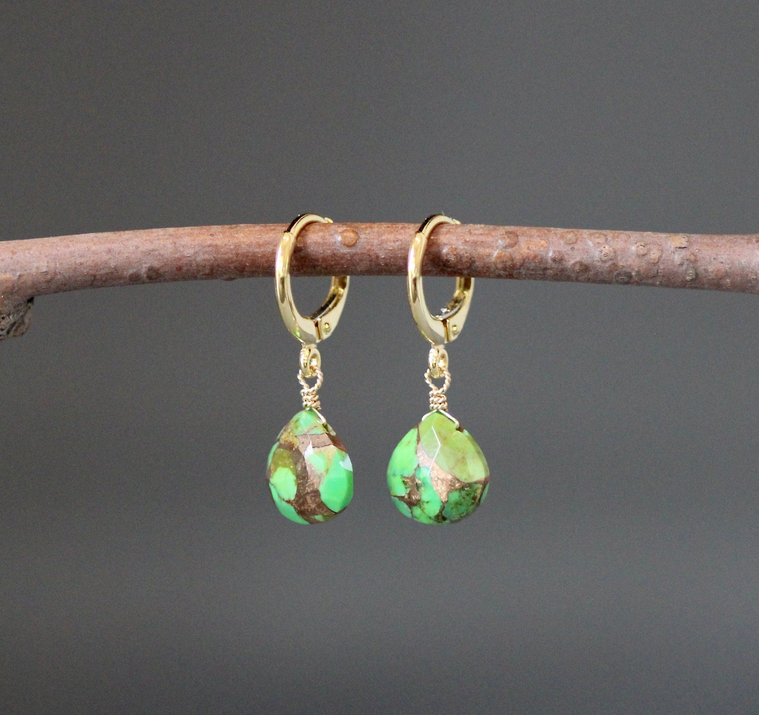 Green Copper Turquoise Teardrop Earrings with Gold Vermeil Huggie Hoops