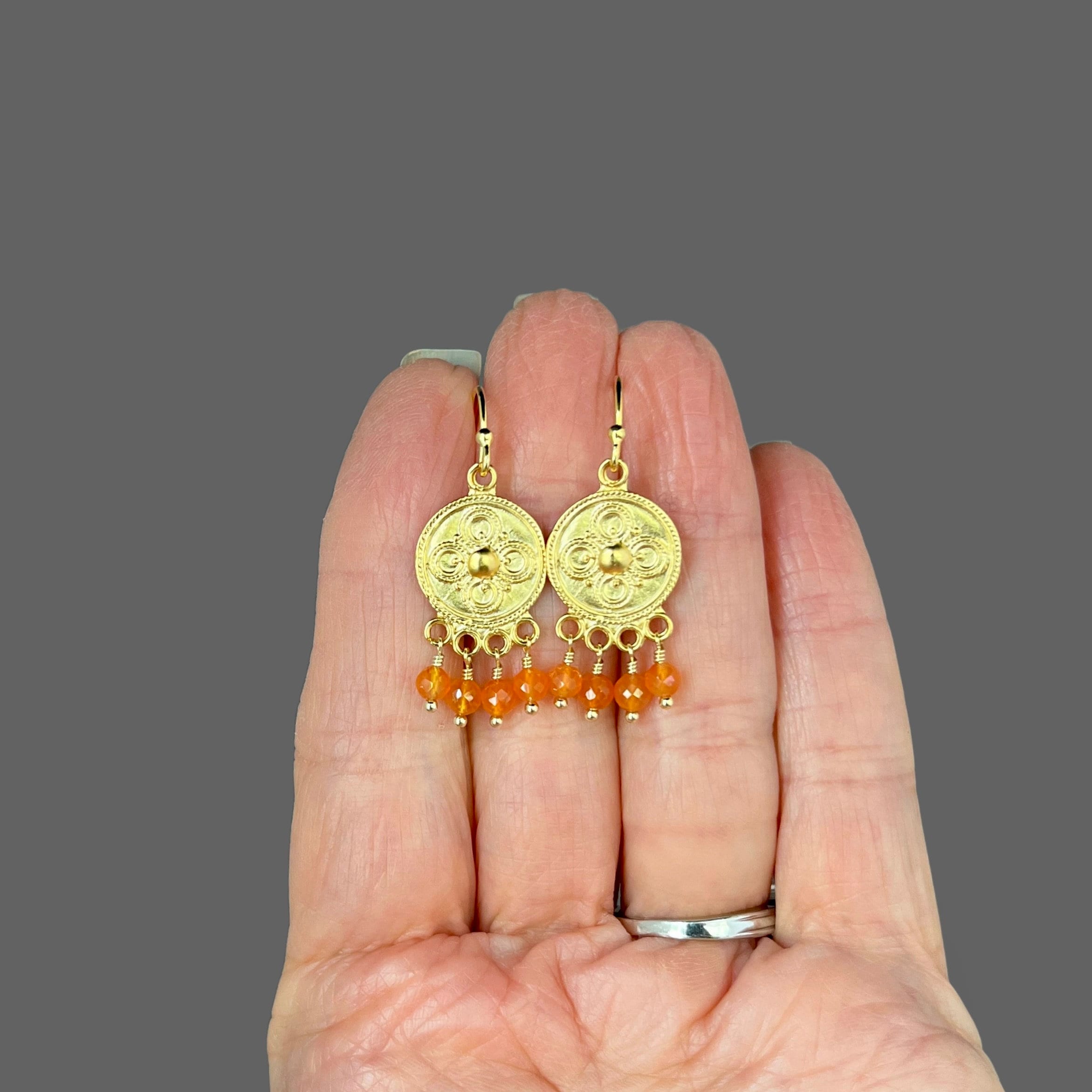 Carnelian Round Stone Earrings on Matte Gold Vermeil Chandelier Findings