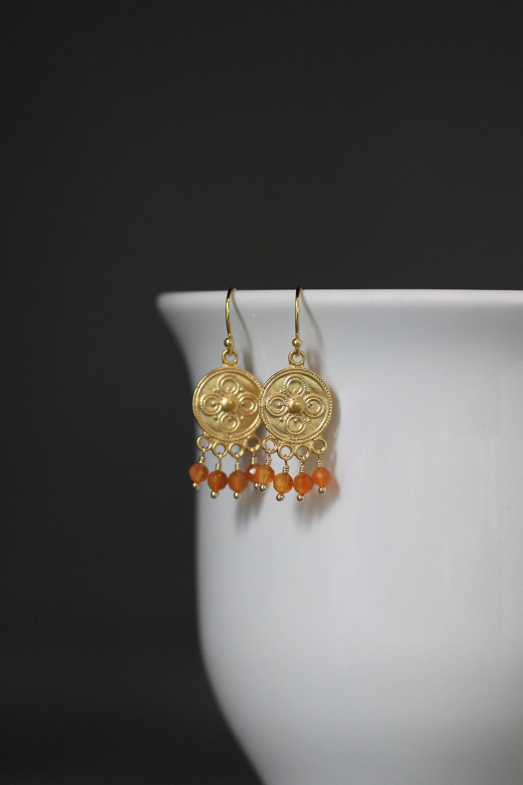 Carnelian Round Stone Earrings on Matte Gold Vermeil Chandelier Findings