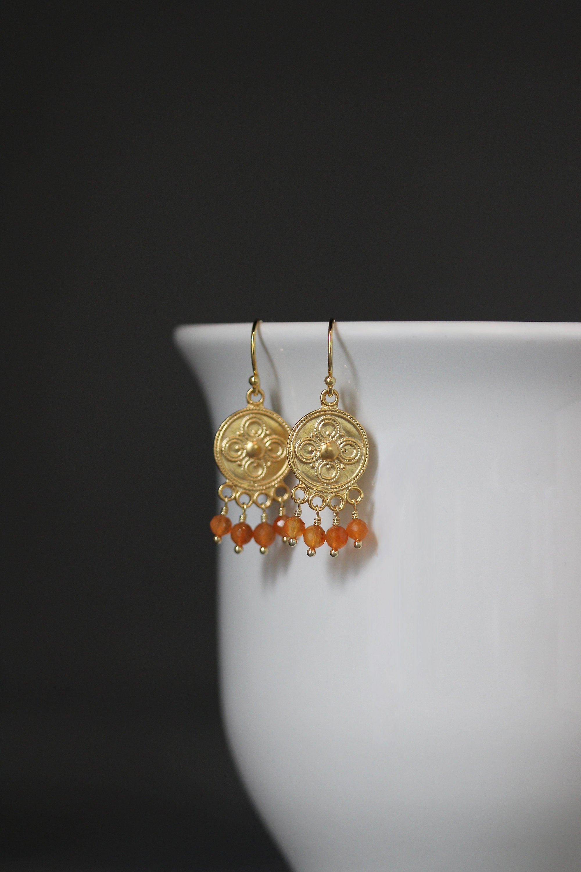 Carnelian Round Stone Earrings on Matte Gold Vermeil Chandelier Findings
