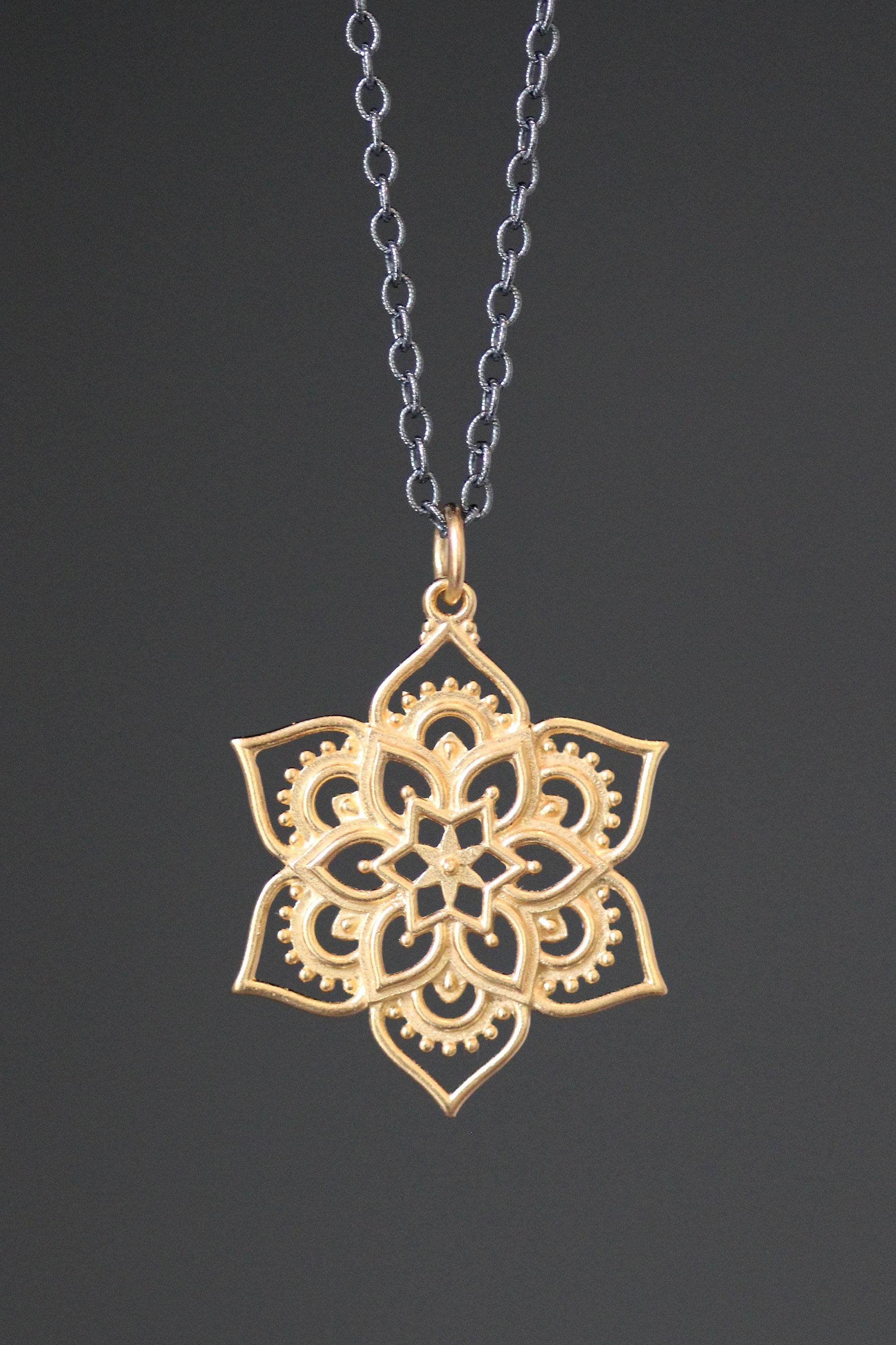 Matte Gold Vermeil Mandala Flower Pendant Necklace on a Blackened Silver Chain