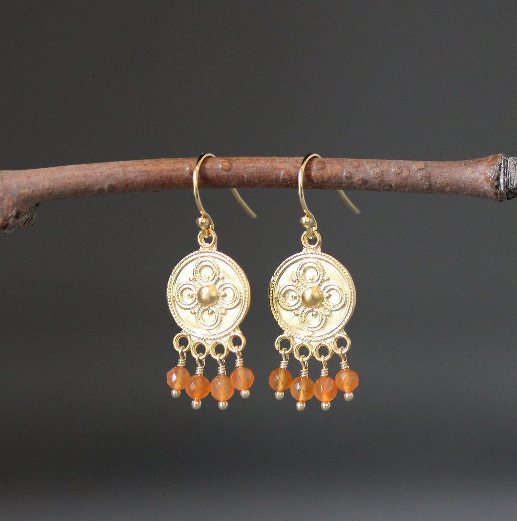 Carnelian Round Stone Earrings on Matte Gold Vermeil Chandelier Findings