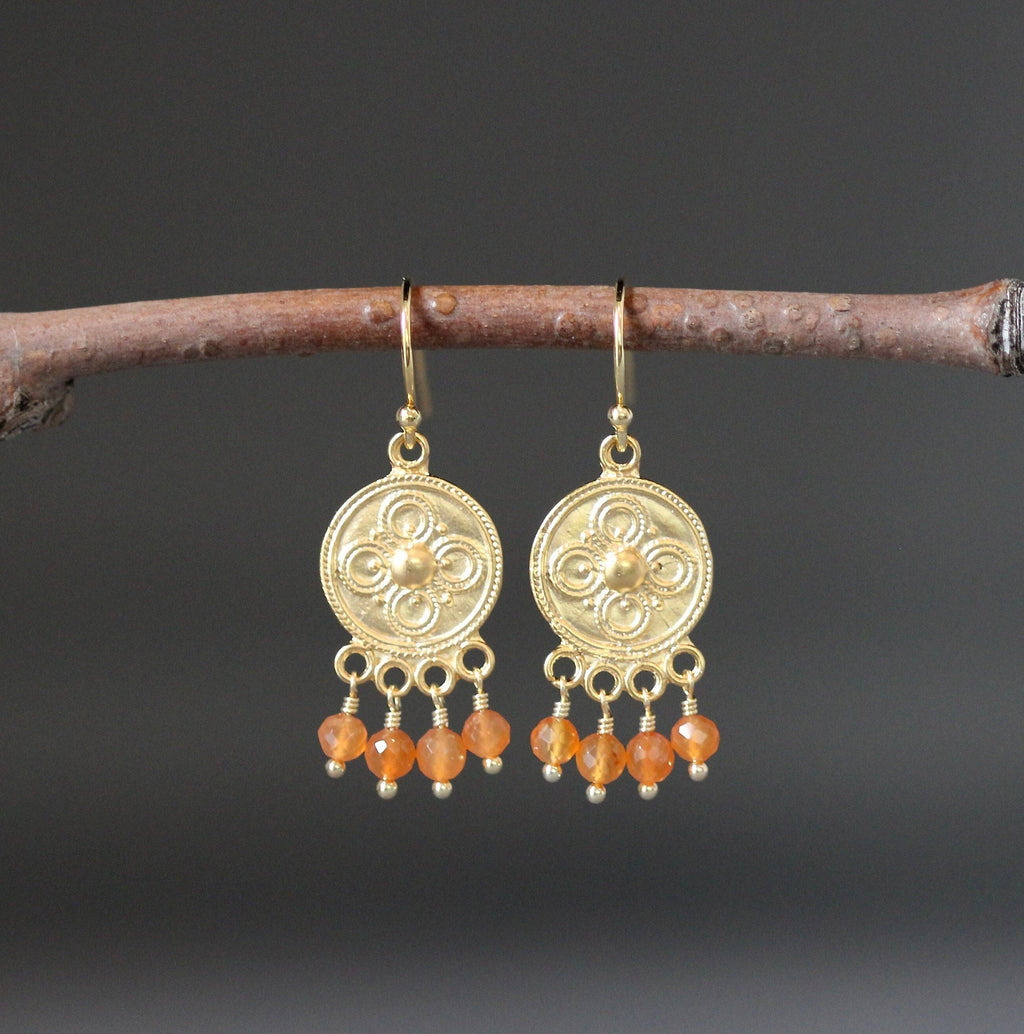 Carnelian Round Stone Earrings on Matte Gold Vermeil Chandelier Findings