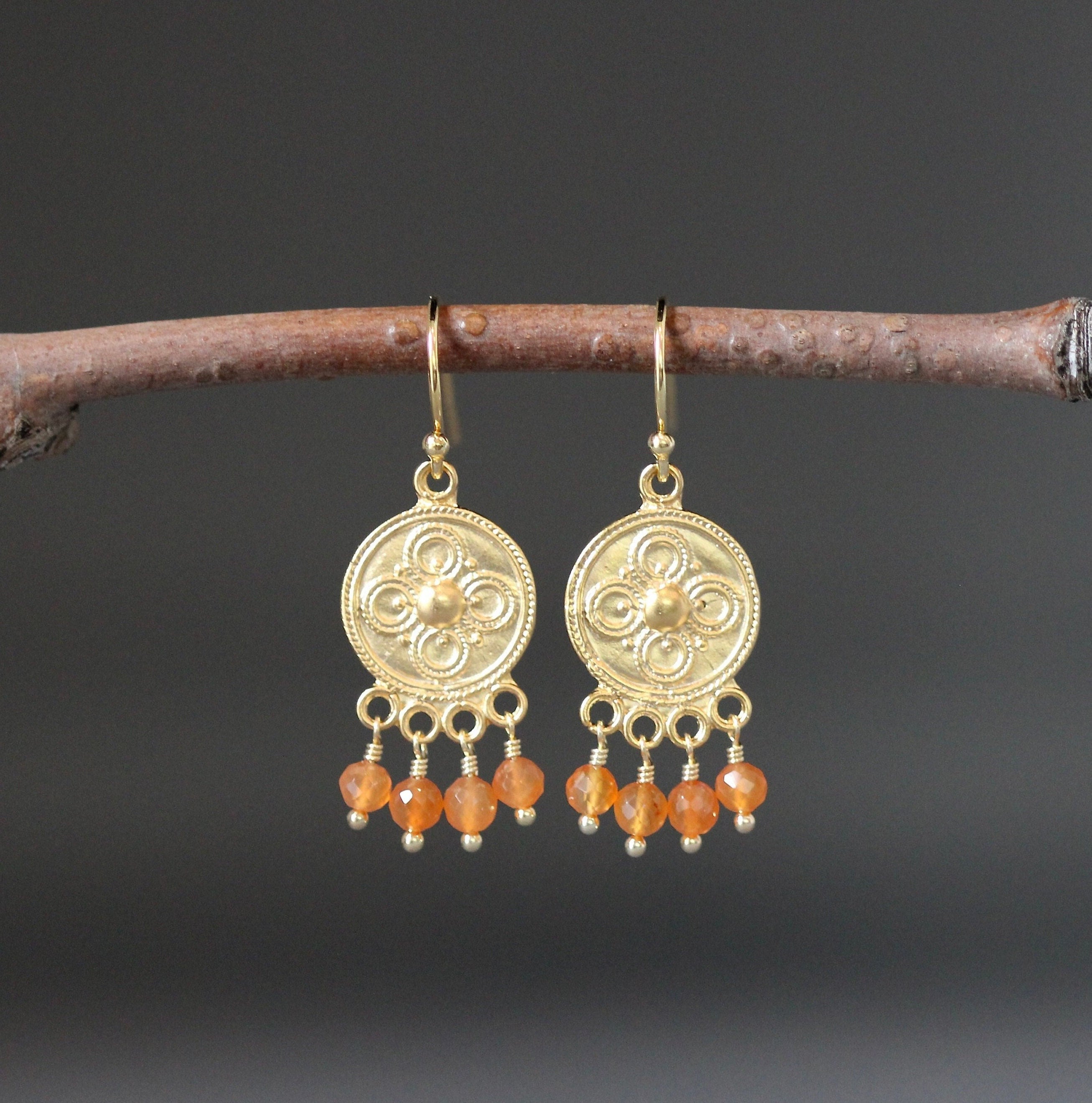Carnelian Round Stone Earrings on Matte Gold Vermeil Chandelier Findings