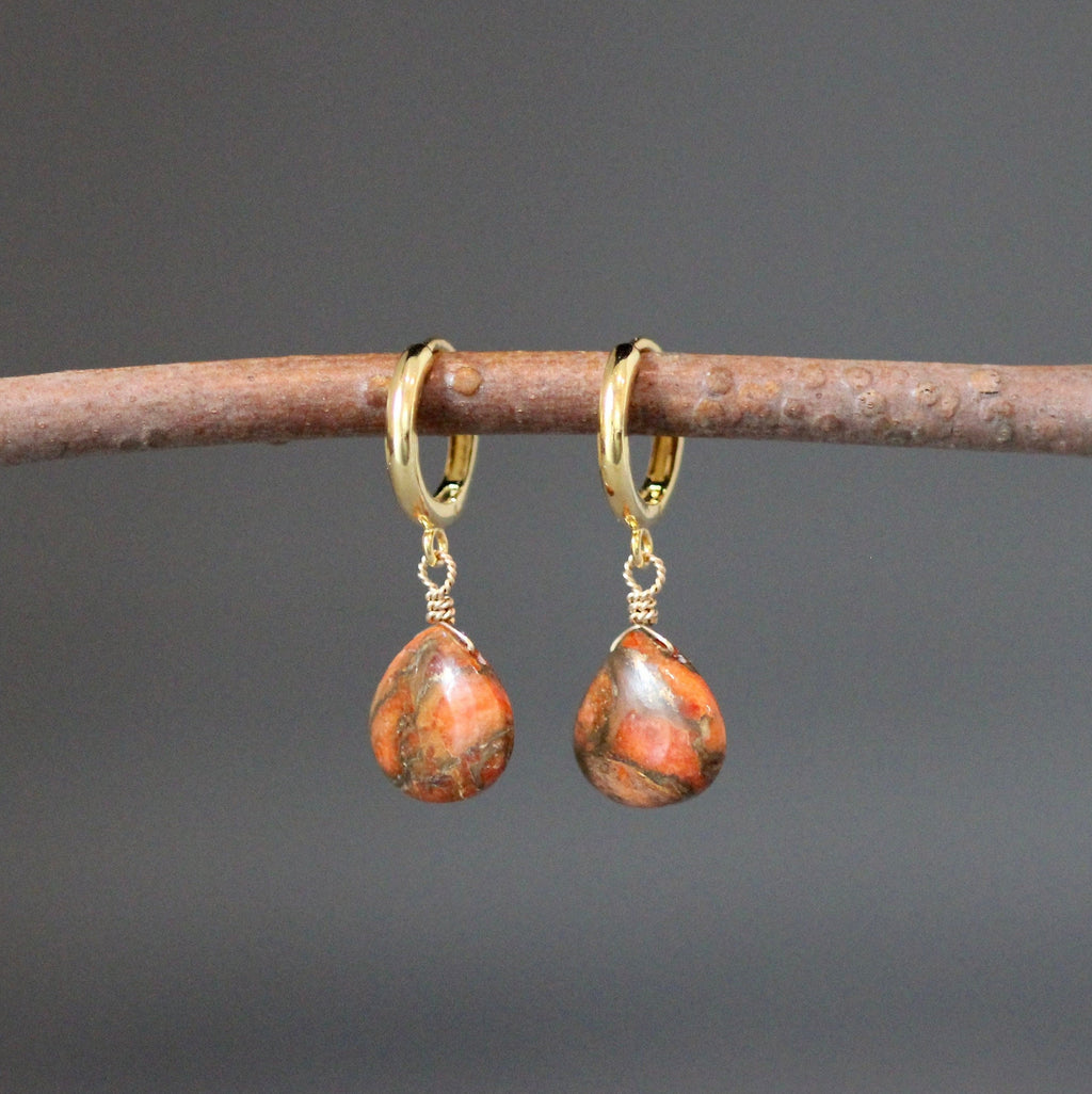Orange Copper Turquoise Teardrop Earrings on Gold Vermeil Huggie Hoops