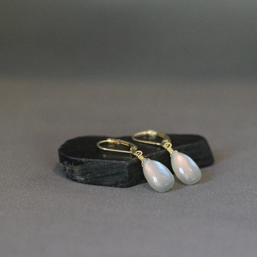 Gray Moonstone Teardrop Earrings on Gold Filled Leverbacks