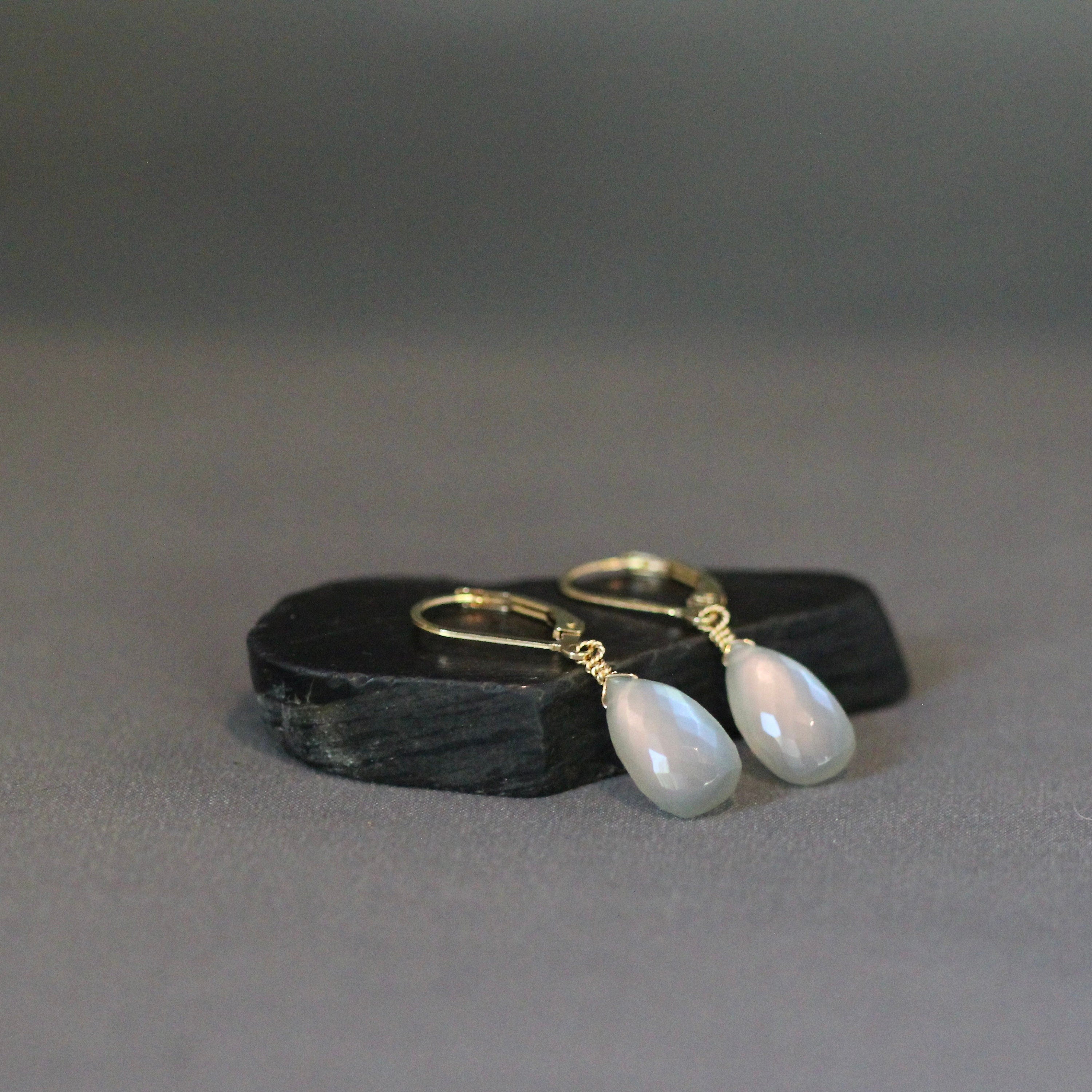 Gray Moonstone Teardrop Earrings on Gold Filled Leverbacks