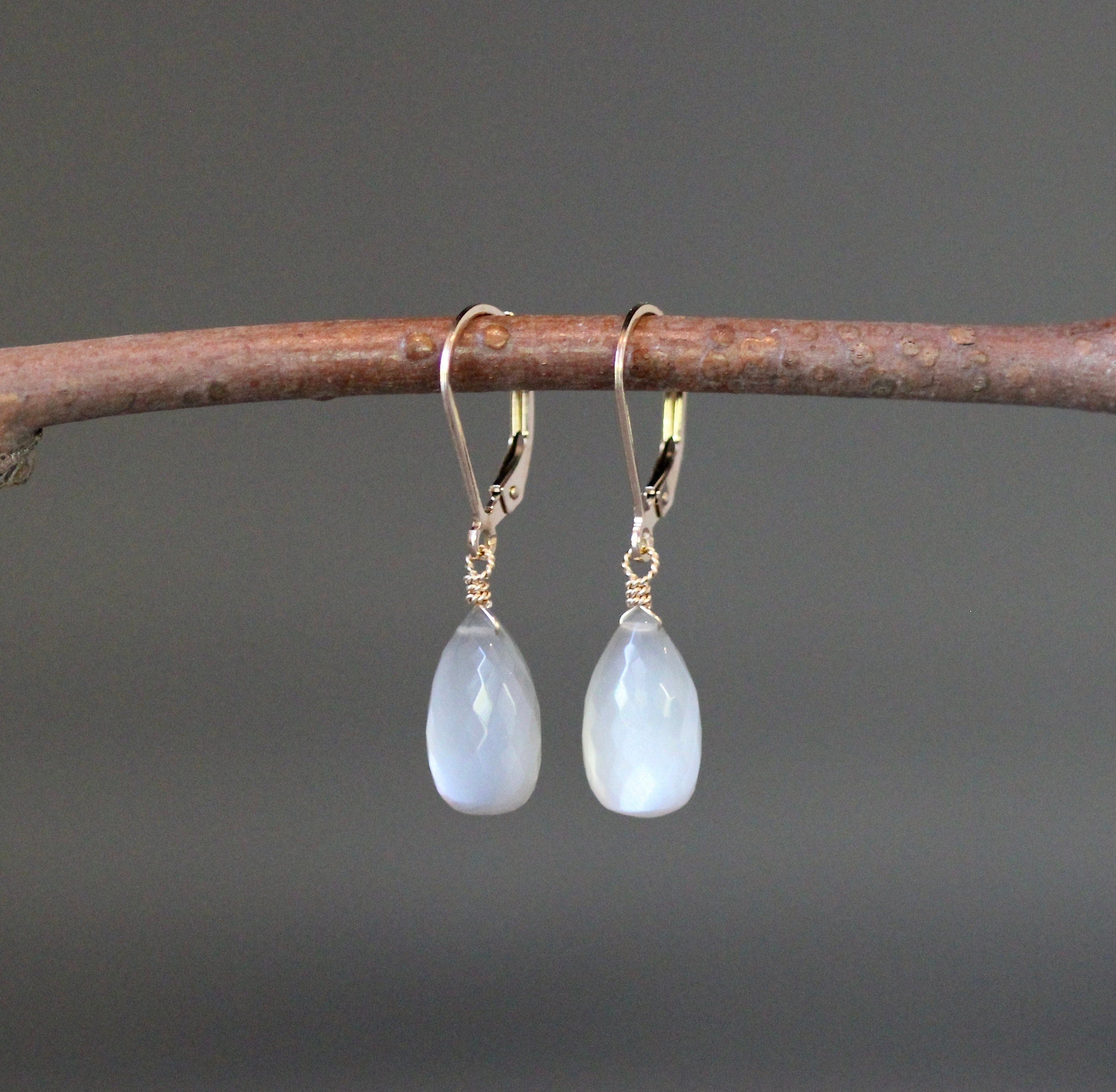 Gray Moonstone Teardrop Earrings on Gold Filled Leverbacks