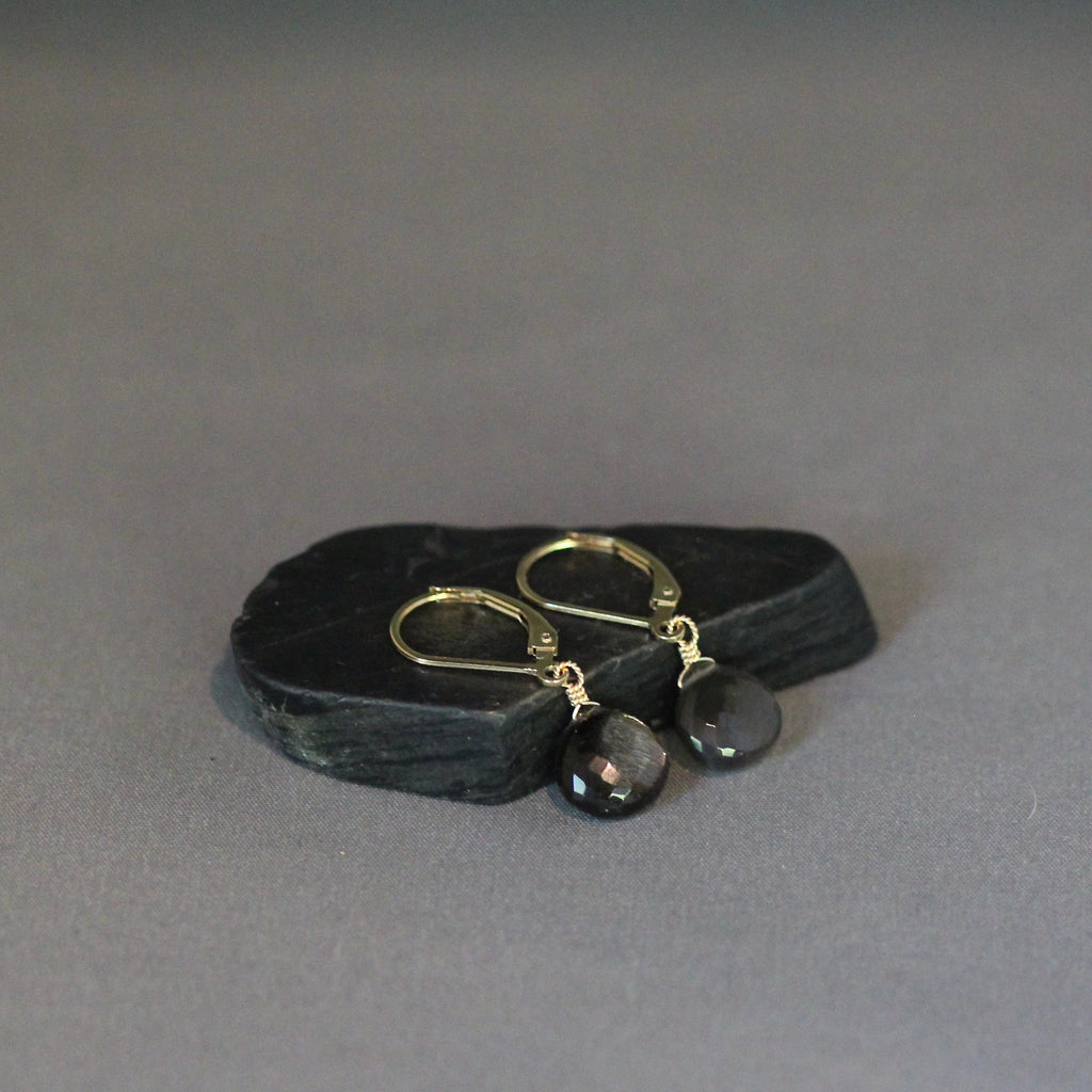 Black Moonstone Teardrop Dangle Earrings on Gold Filled Leverbacks