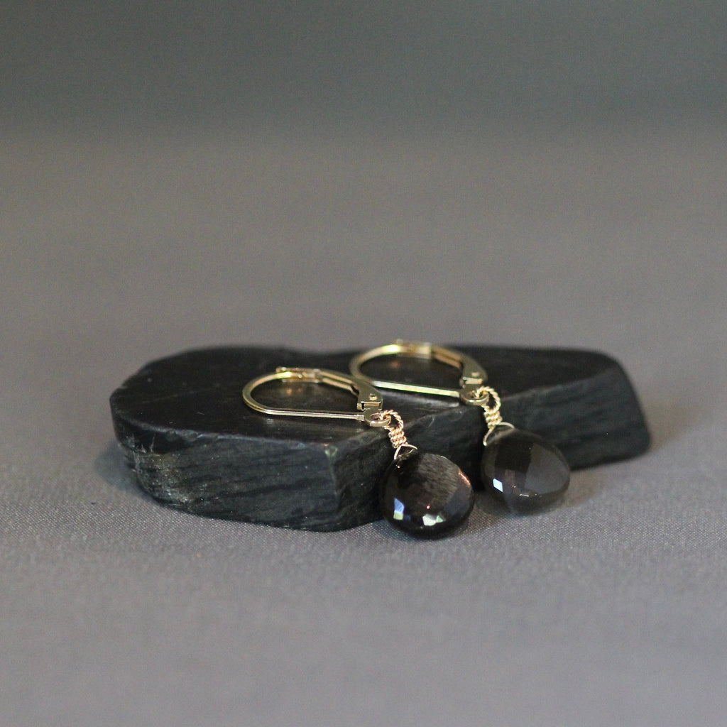 Black Moonstone Teardrop Dangle Earrings on Gold Filled Leverbacks