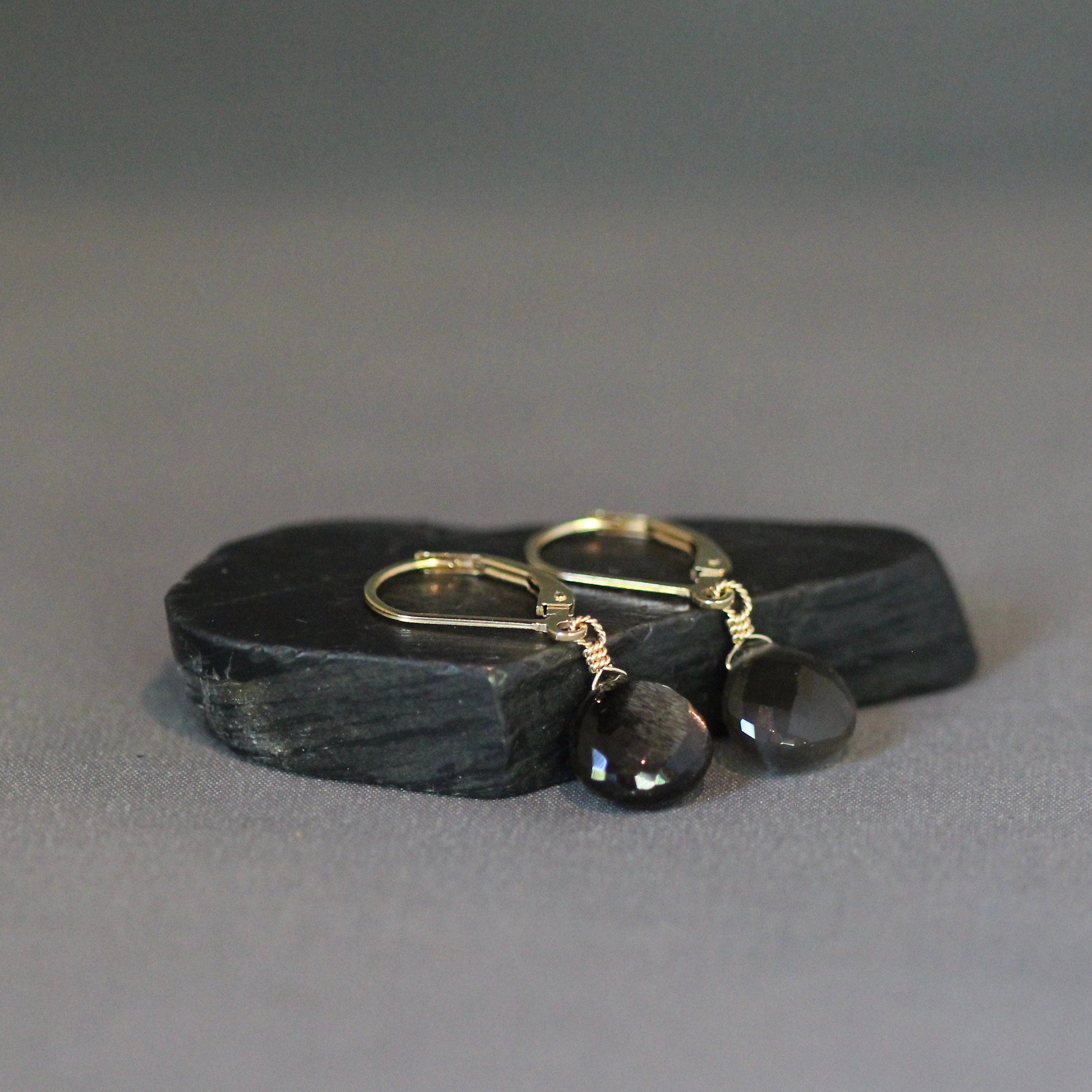 Black Moonstone Teardrop Dangle Earrings on Gold Filled Leverbacks