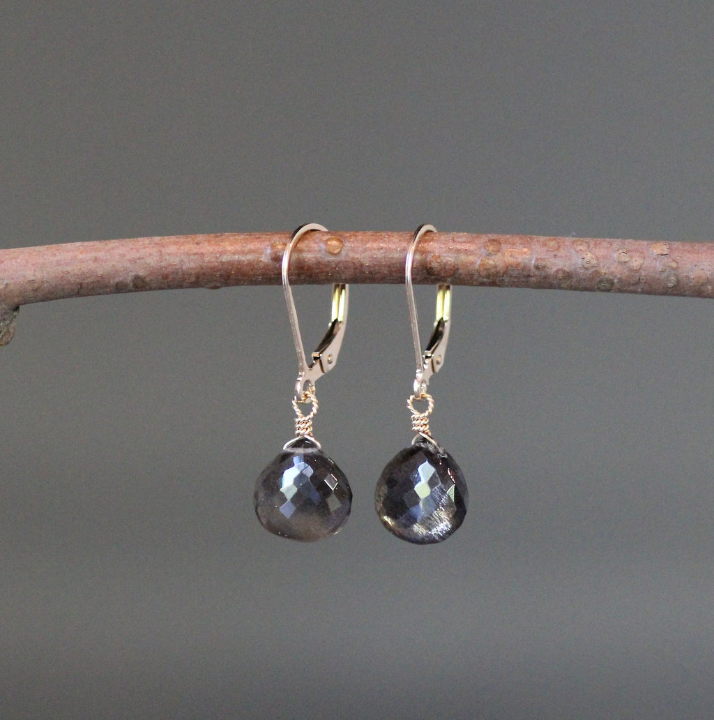 Black Moonstone Teardrop Dangle Earrings on Gold Filled Leverbacks