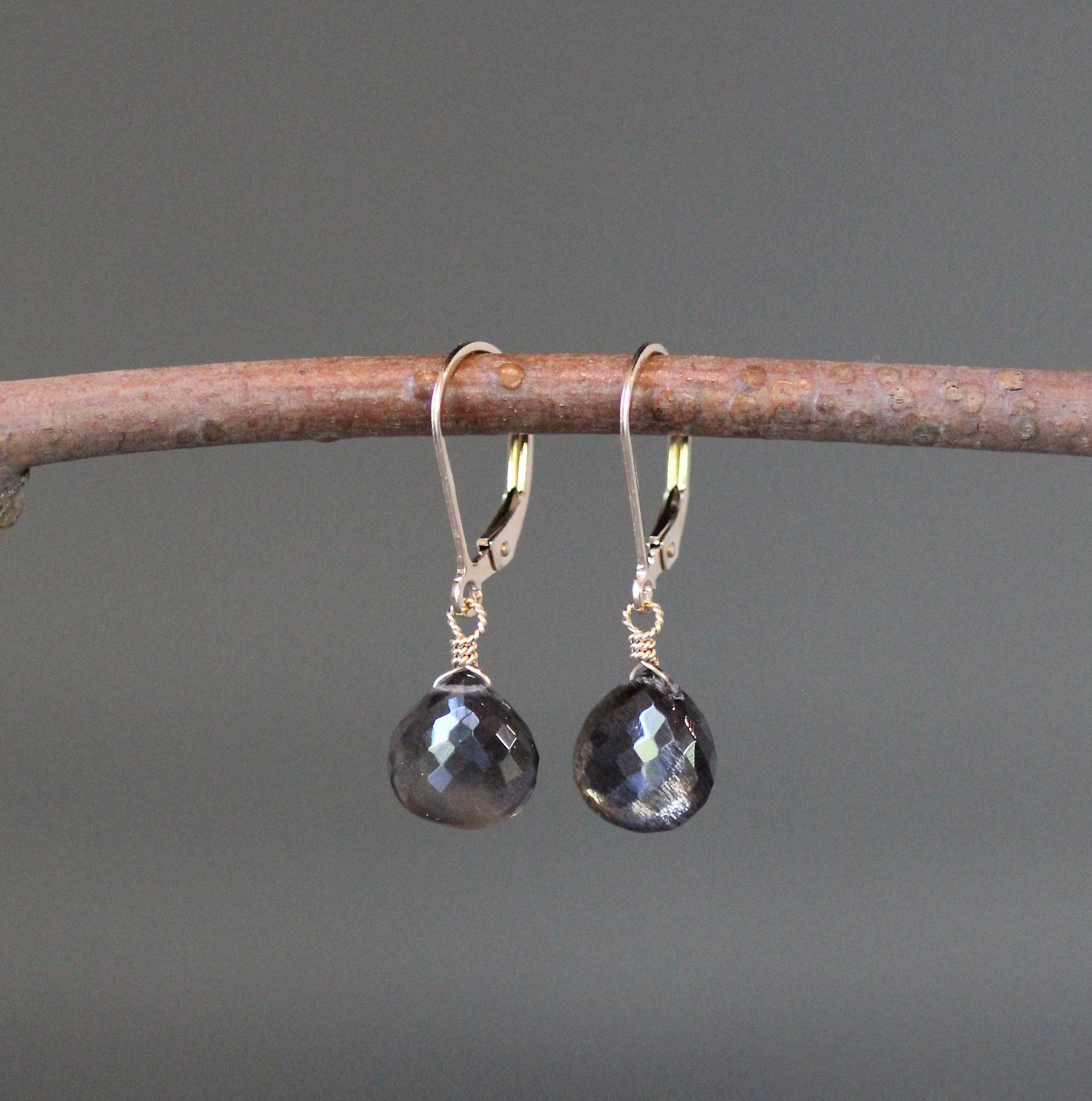 Black Moonstone Teardrop Dangle Earrings on Gold Filled Leverbacks