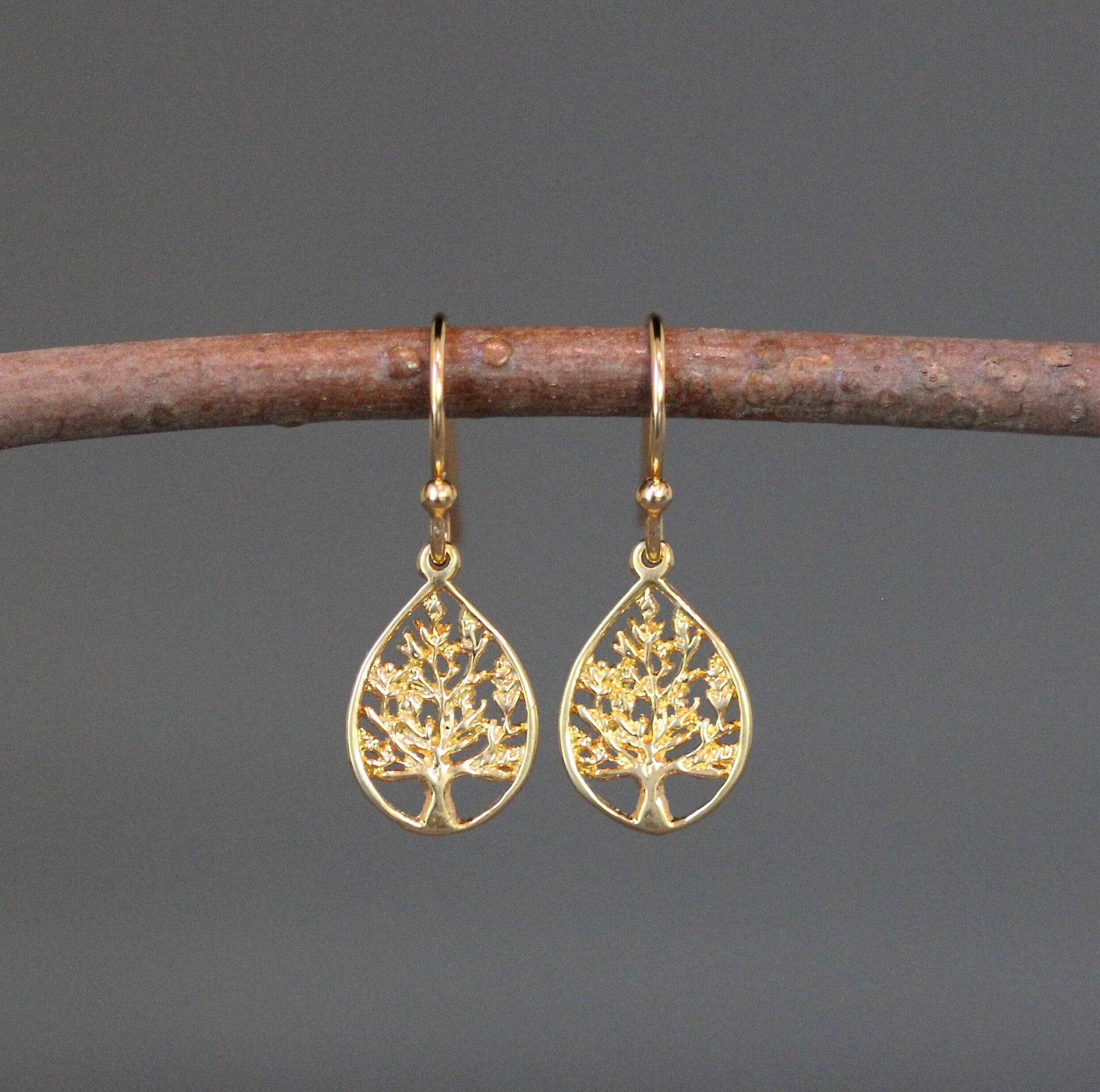 Gold Vermeil Tree of Life Teardrop Charm Dangle Earrings I