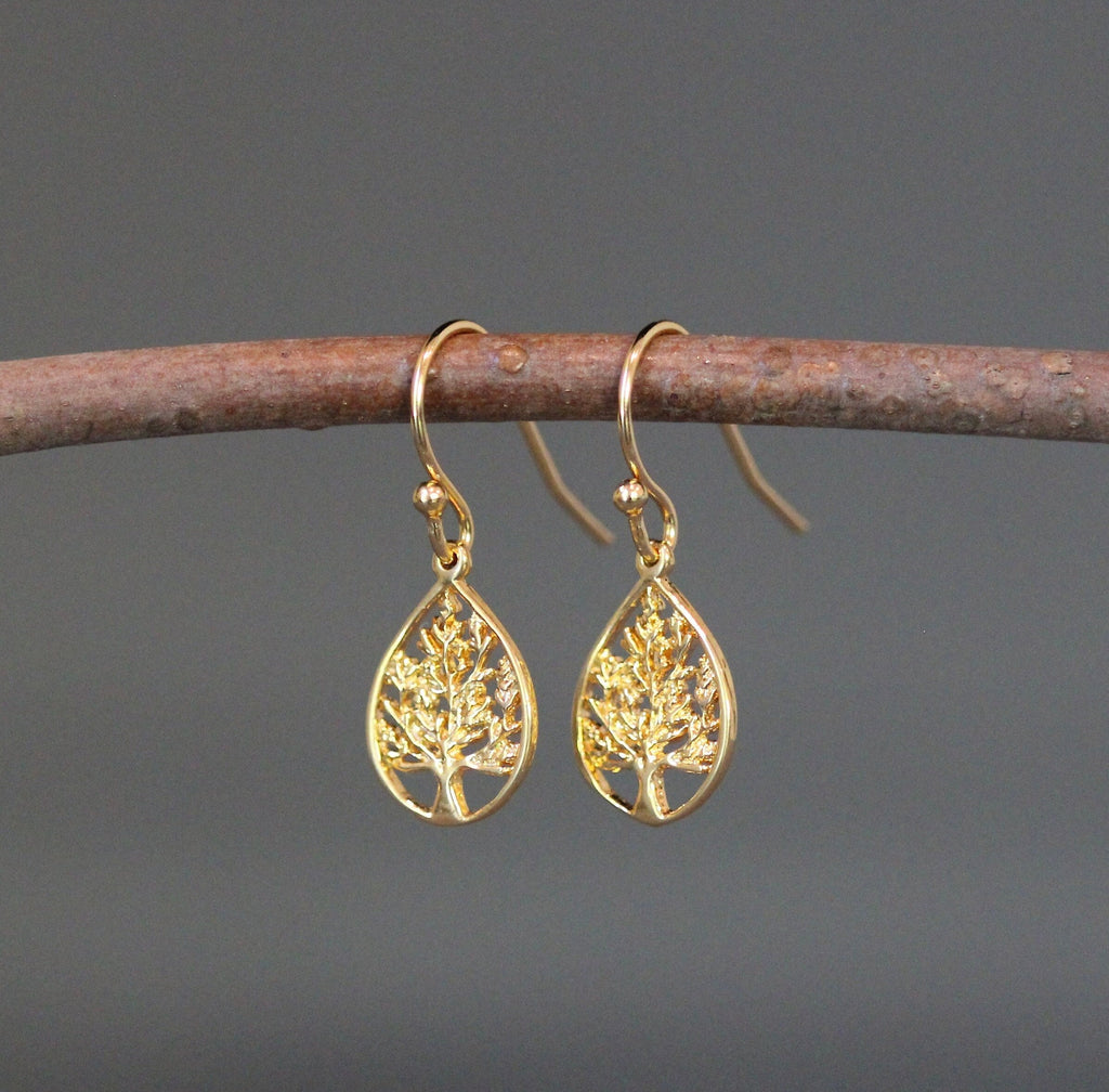 Gold Vermeil Tree of Life Teardrop Charm Dangle Earrings I
