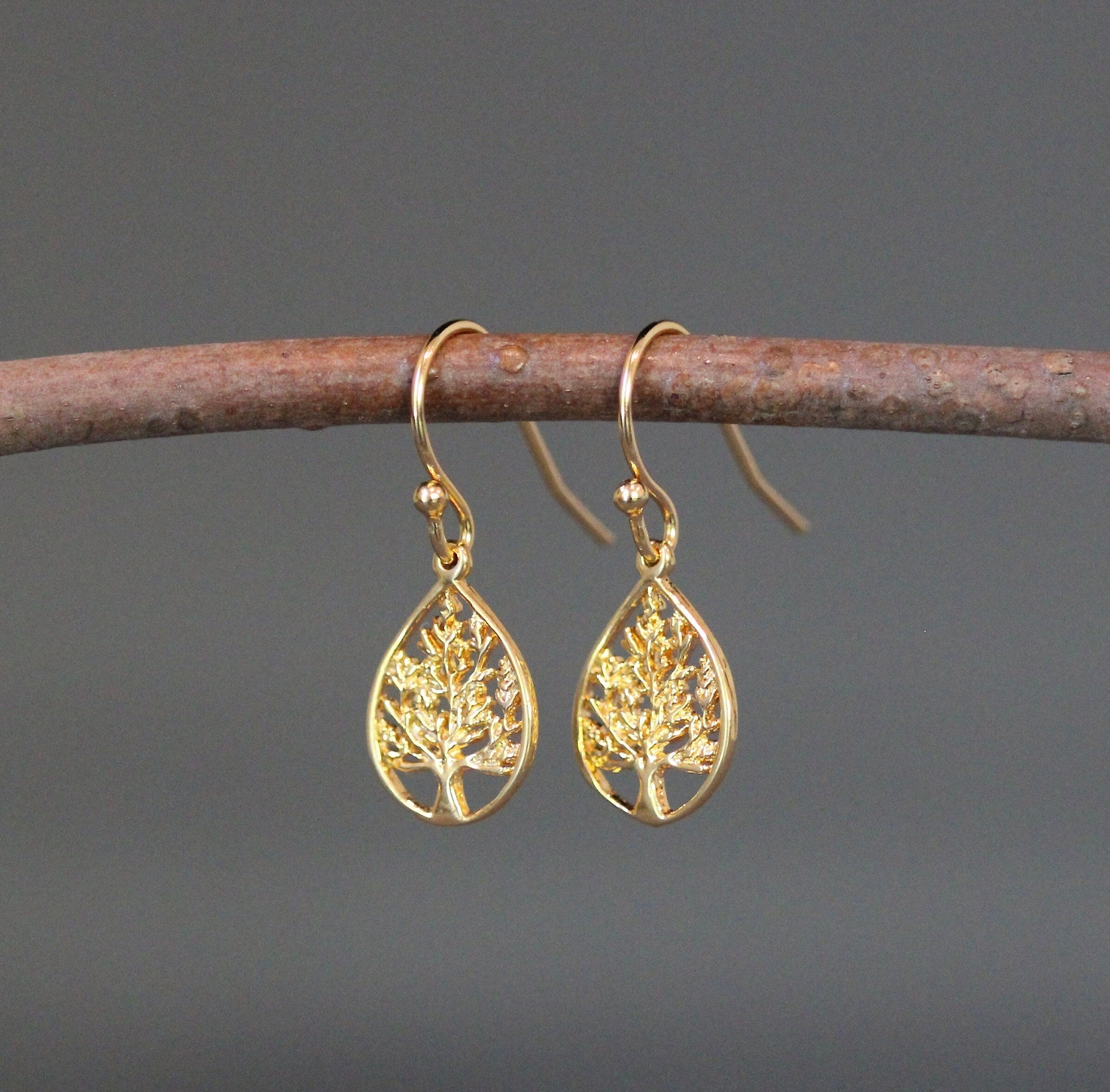 Gold Vermeil Tree of Life Teardrop Charm Dangle Earrings I