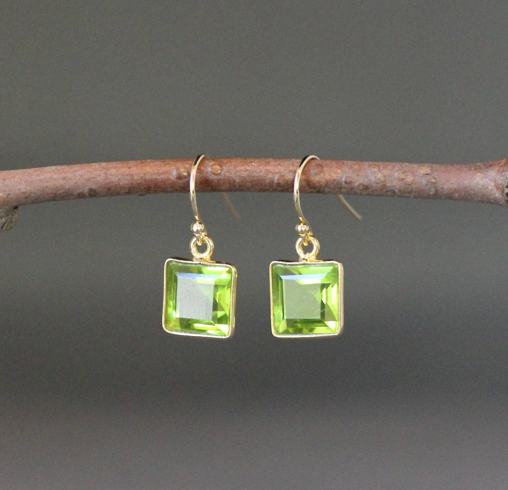 Lime Green Quartz Square Bezel Earrings in Gold Vermeil