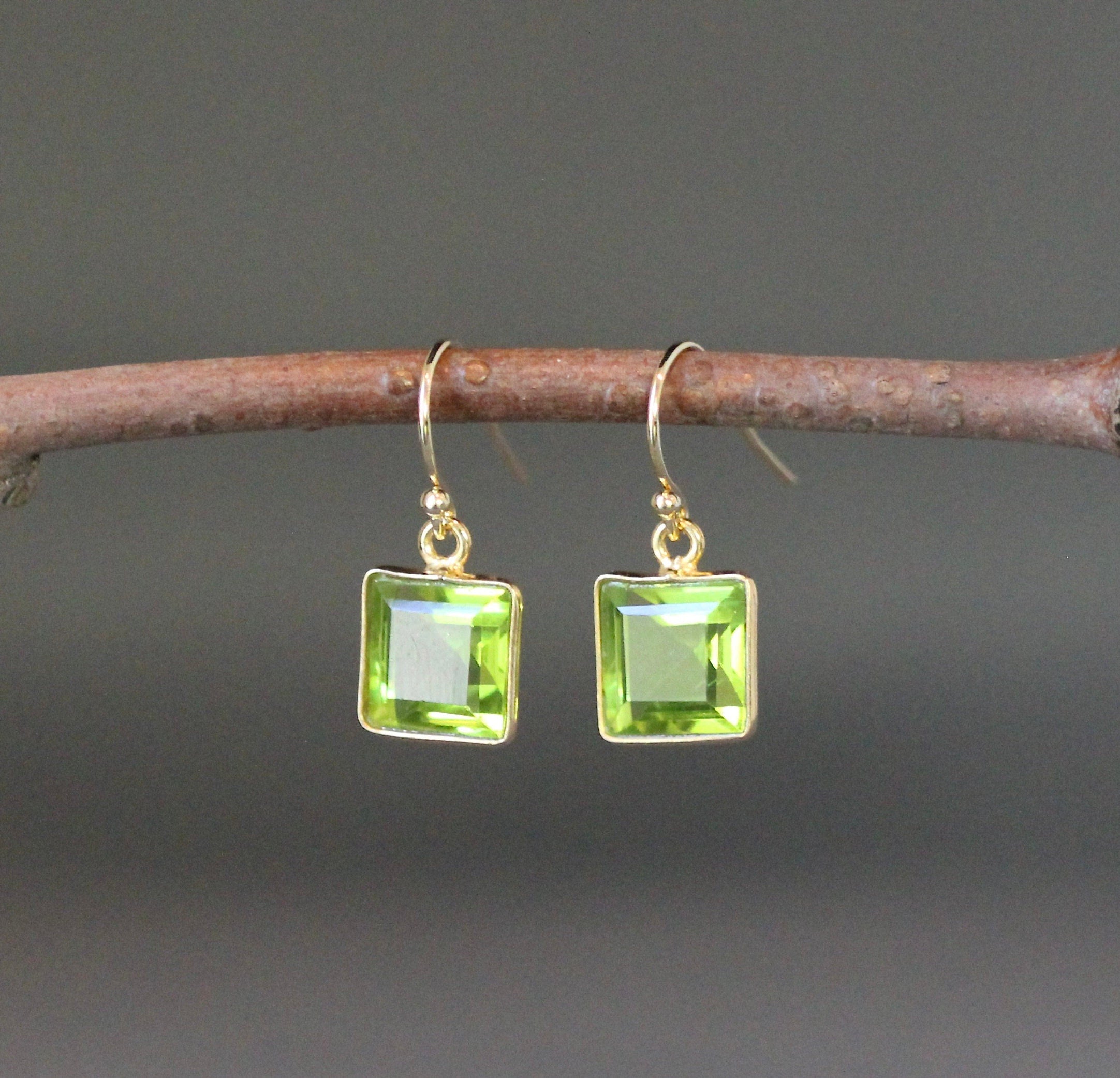 Lime Green Quartz Square Bezel Earrings in Gold Vermeil