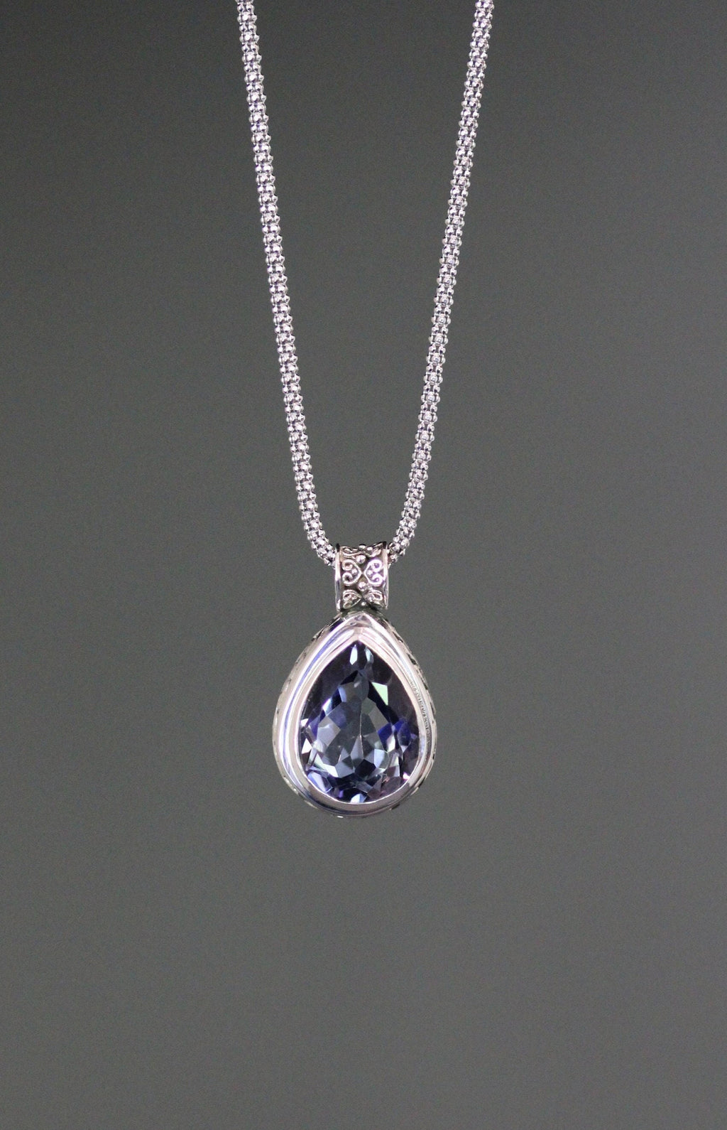 Blue Mystic Quartz Teardrop Bezel Pendant in Bali Sterling Silver