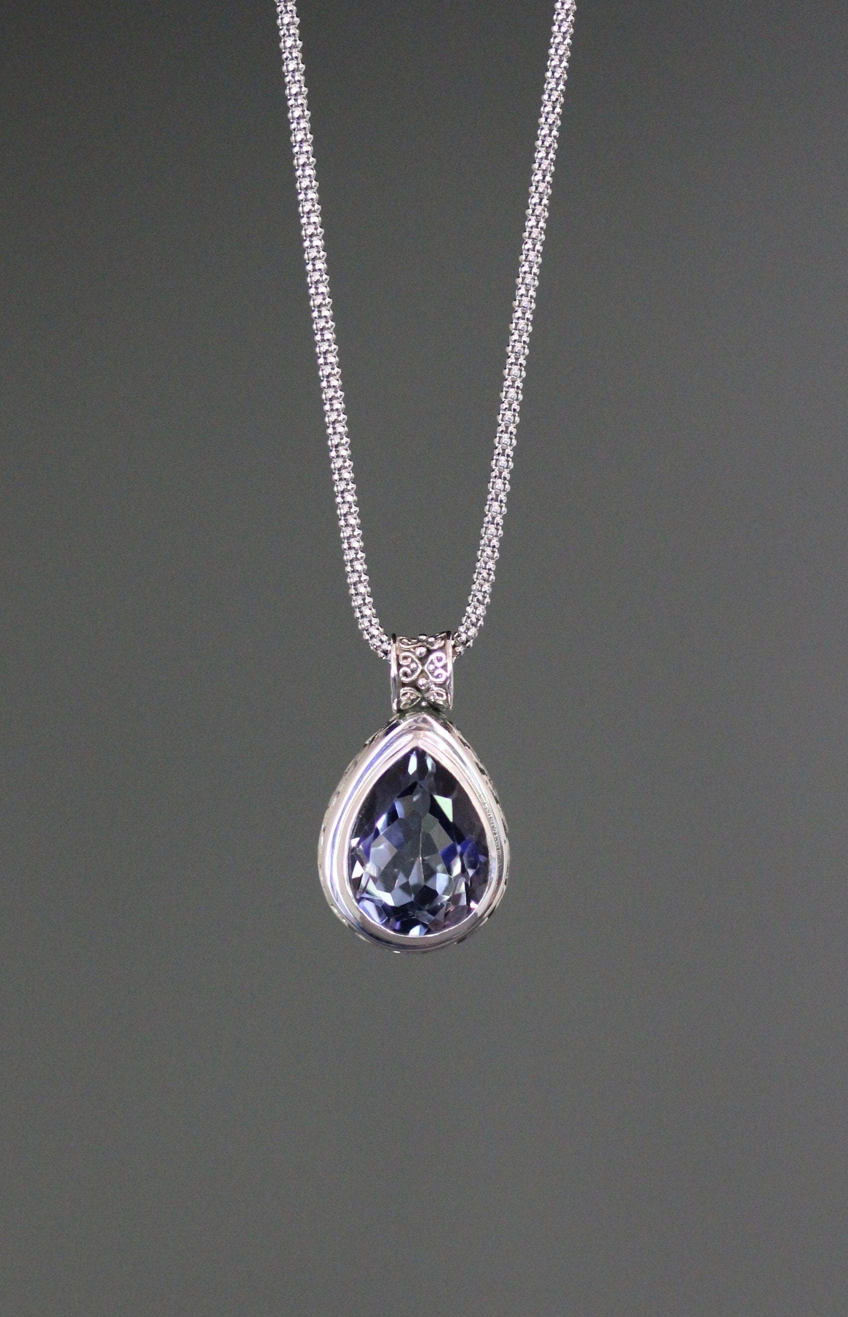 Blue Mystic Quartz Teardrop Bezel Pendant in Bali Sterling Silver