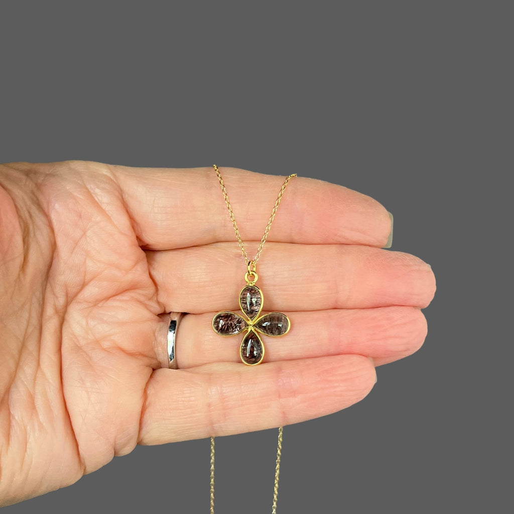 Black Rutilated Quartz Teardrop Stones Set in a Gold Vermeil Flower Pendant Necklace