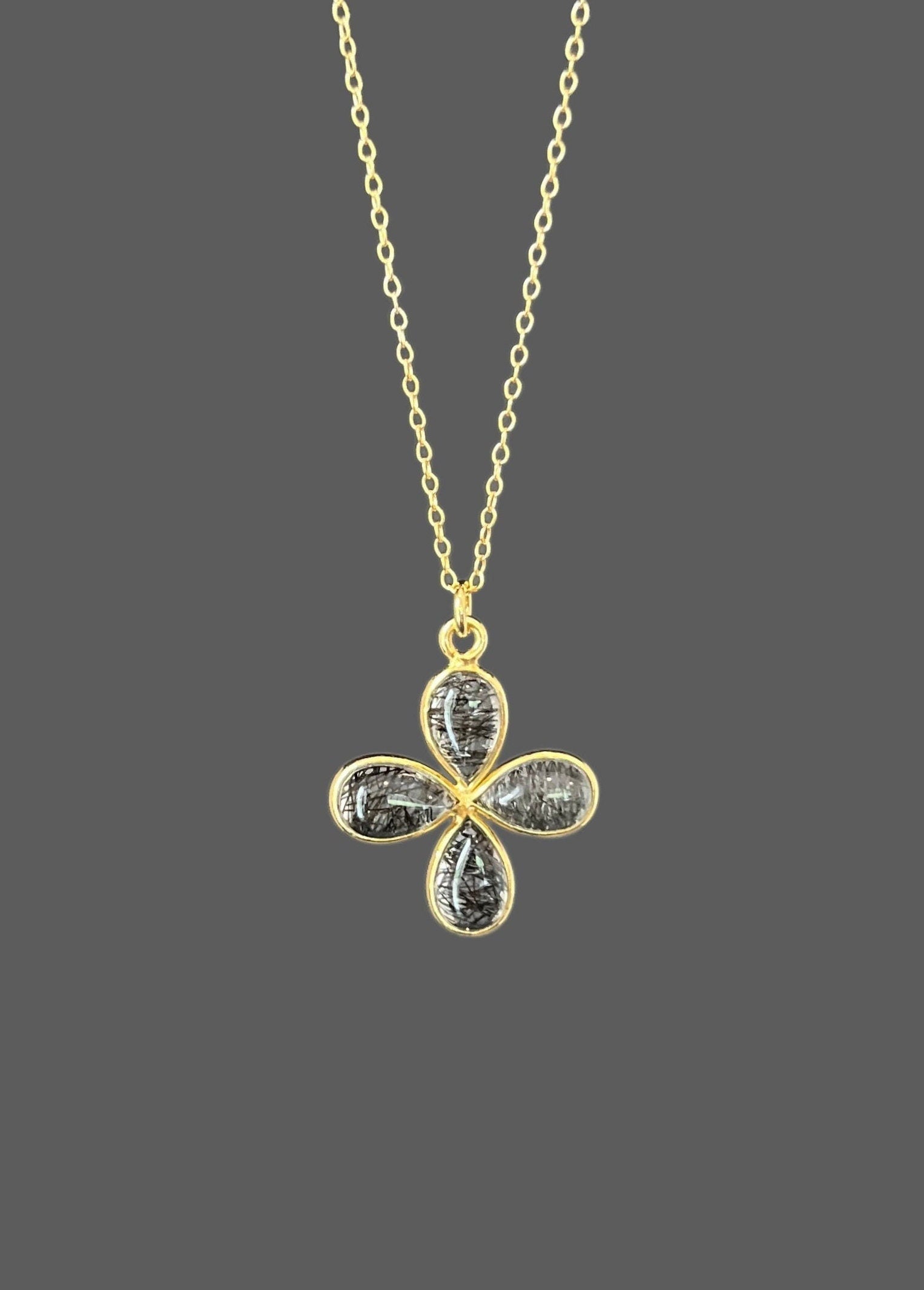 Black Rutilated Quartz Teardrop Stones Set in a Gold Vermeil Flower Pendant Necklace