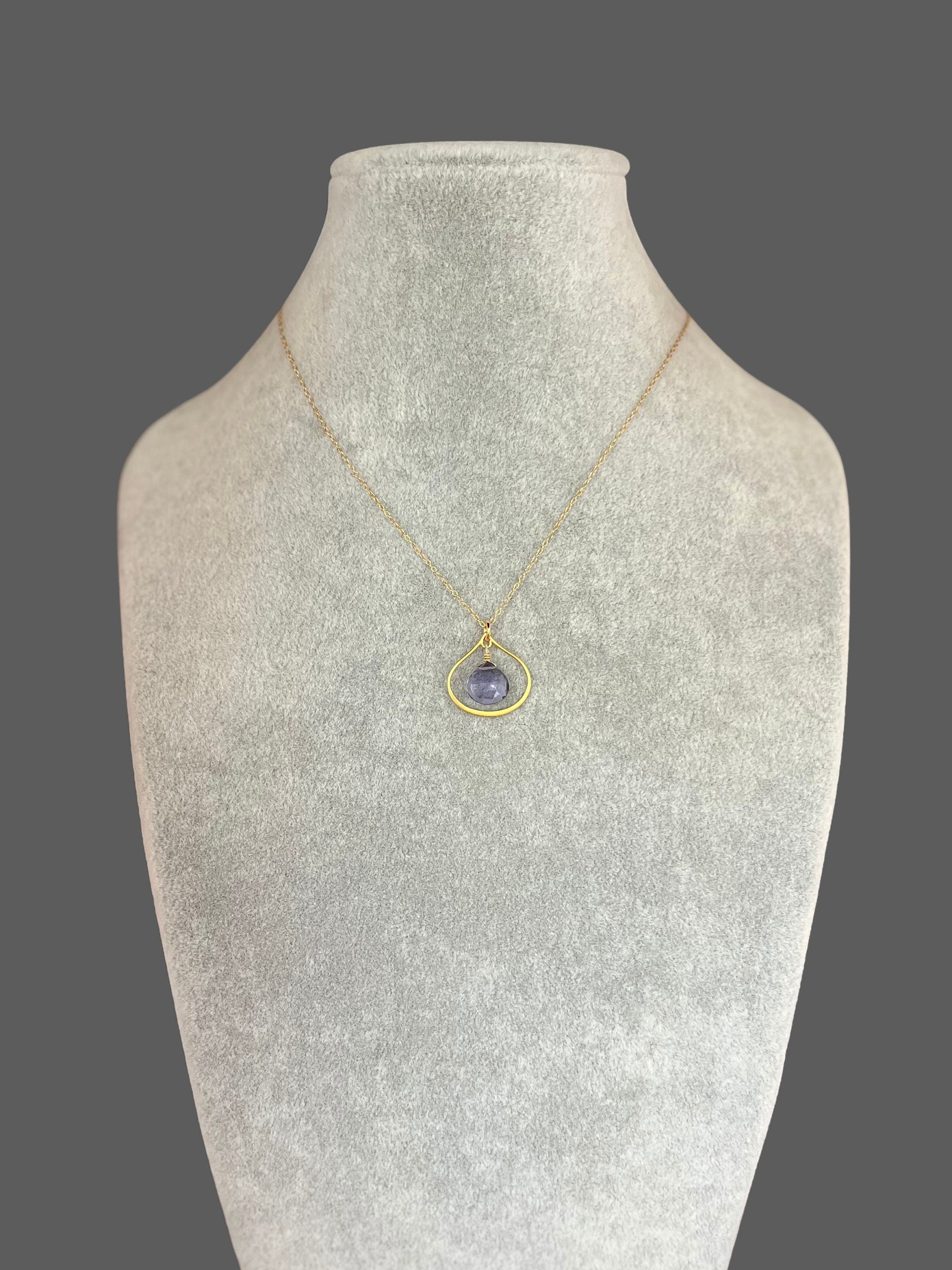 Blue Iolite Gemstone Pendant on a Gold Vermeil Frame and Gold Filled Chain