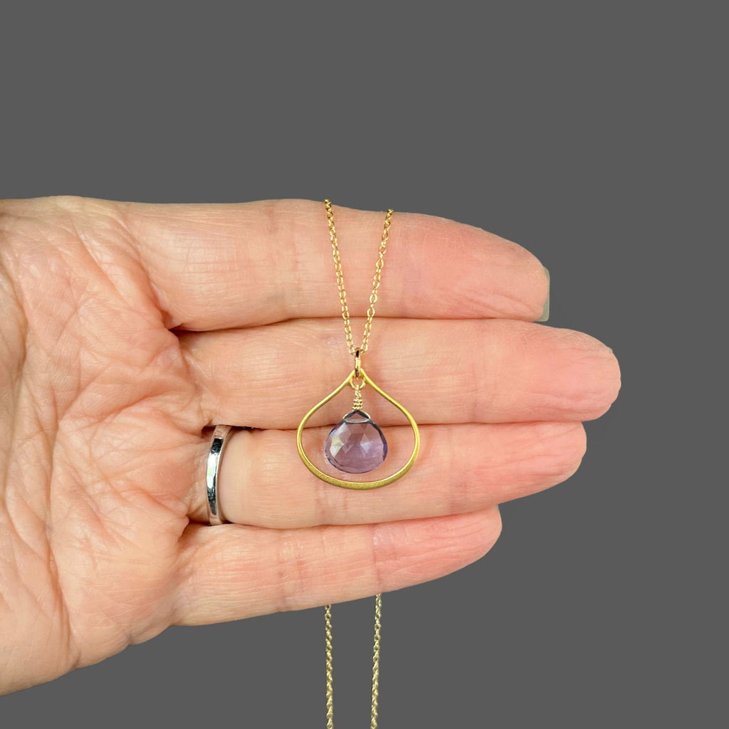 Blue Iolite Gemstone Pendant on a Gold Vermeil Frame and Gold Filled Chain
