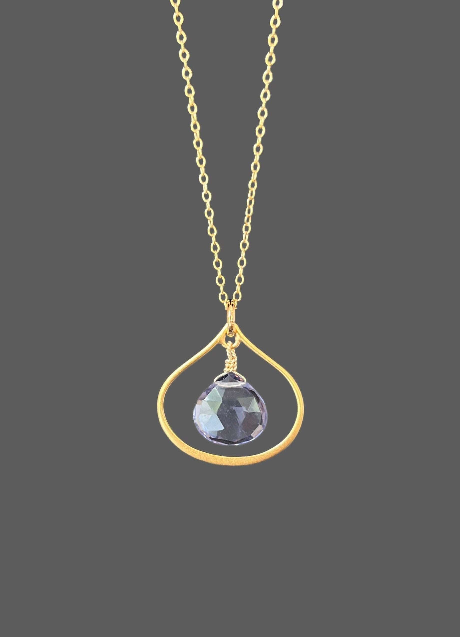 Blue Iolite Gemstone Pendant on a Gold Vermeil Frame and Gold Filled Chain