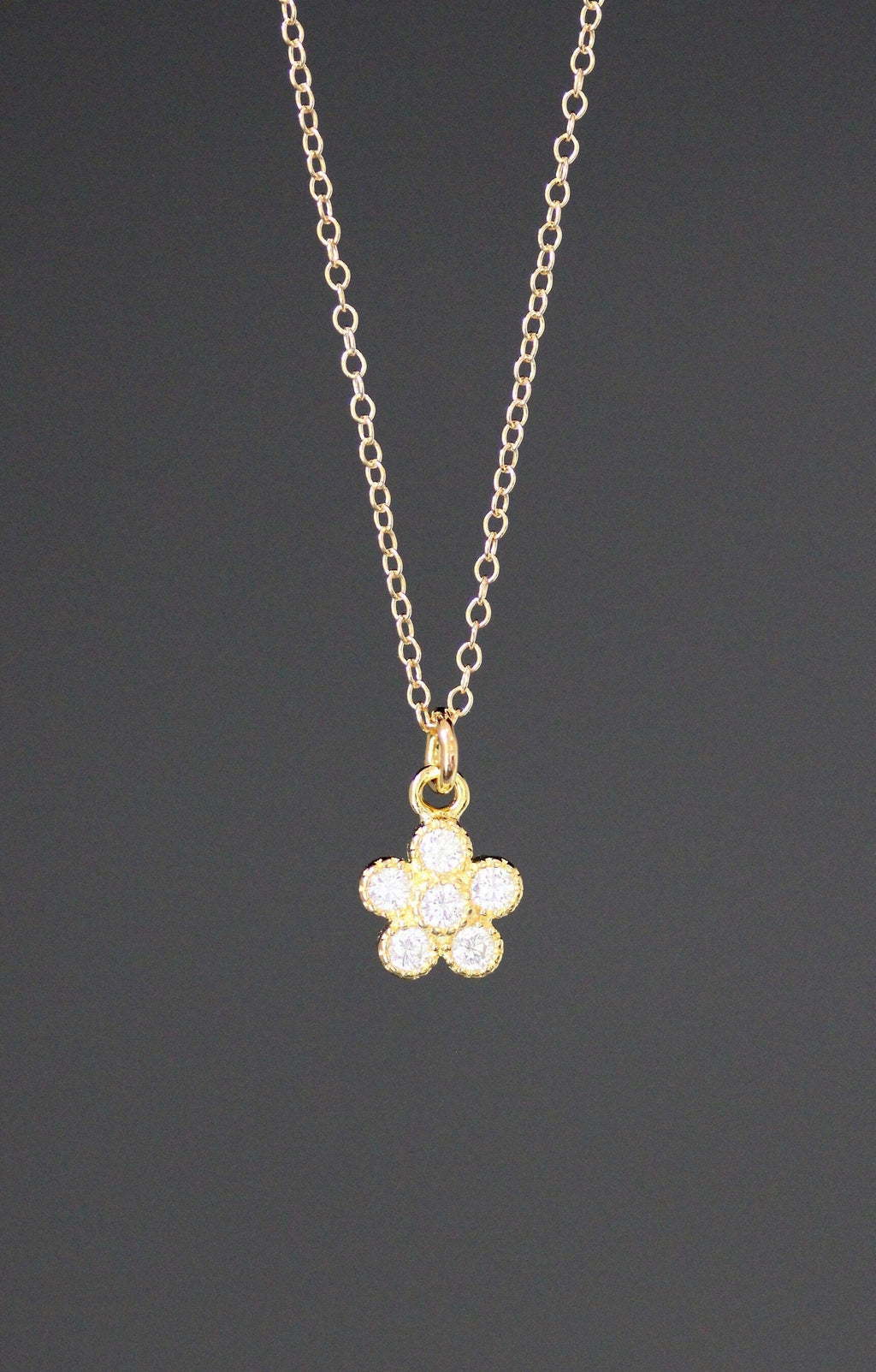 Cubic Zirconia Gold Vermeil Flower Pendant Necklace on Gold Filled Chain