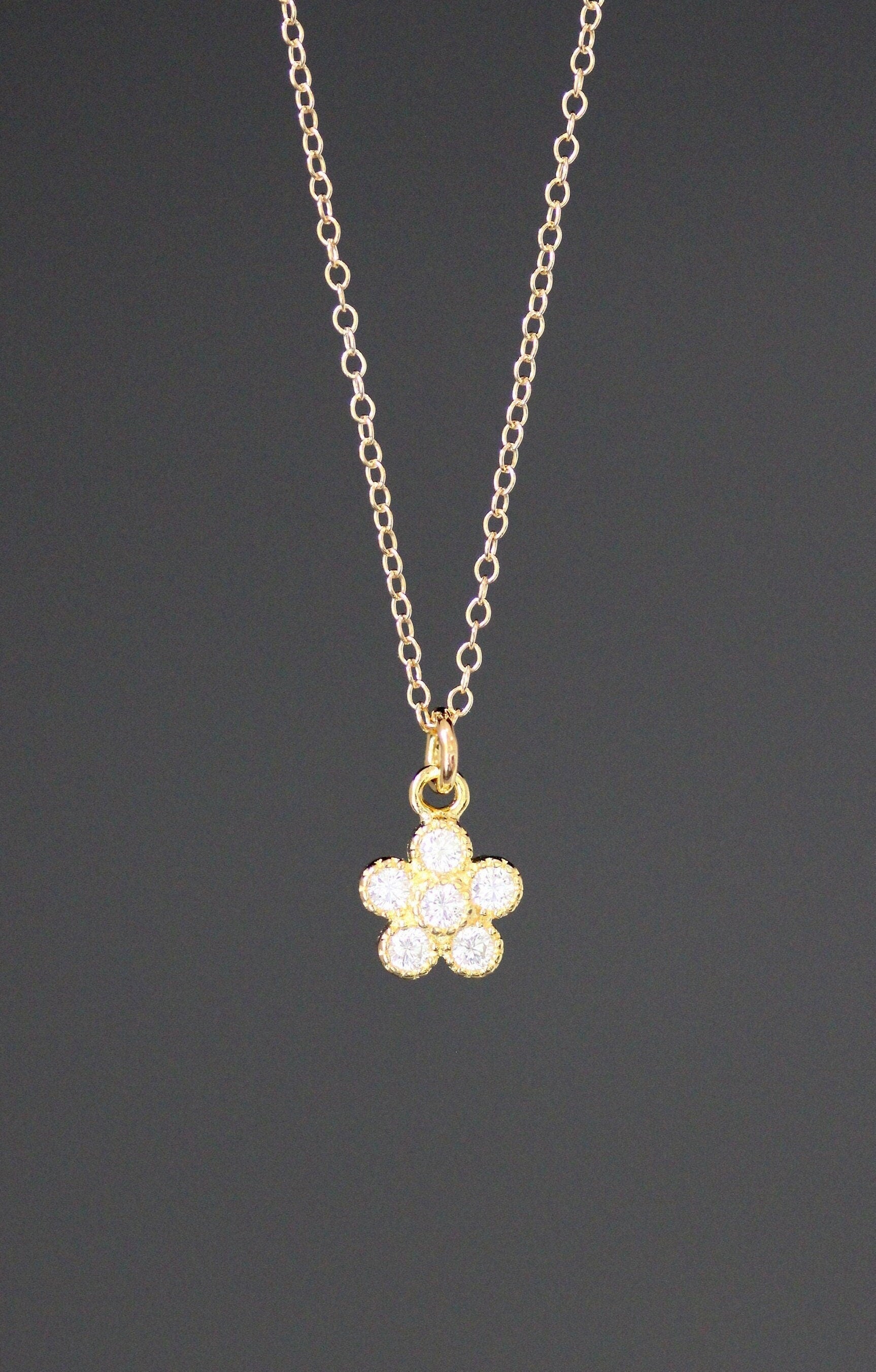 Cubic Zirconia Gold Vermeil Flower Pendant Necklace on Gold Filled Chain