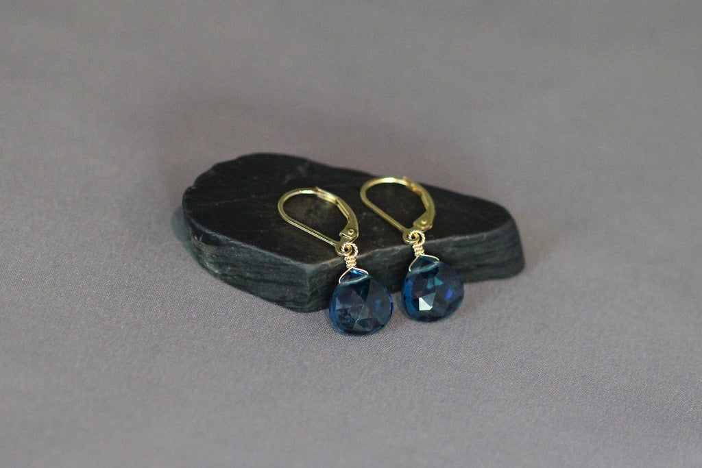 London Blue Topaz Quartz Dangle Earrings on Gold Filled Leverbacks