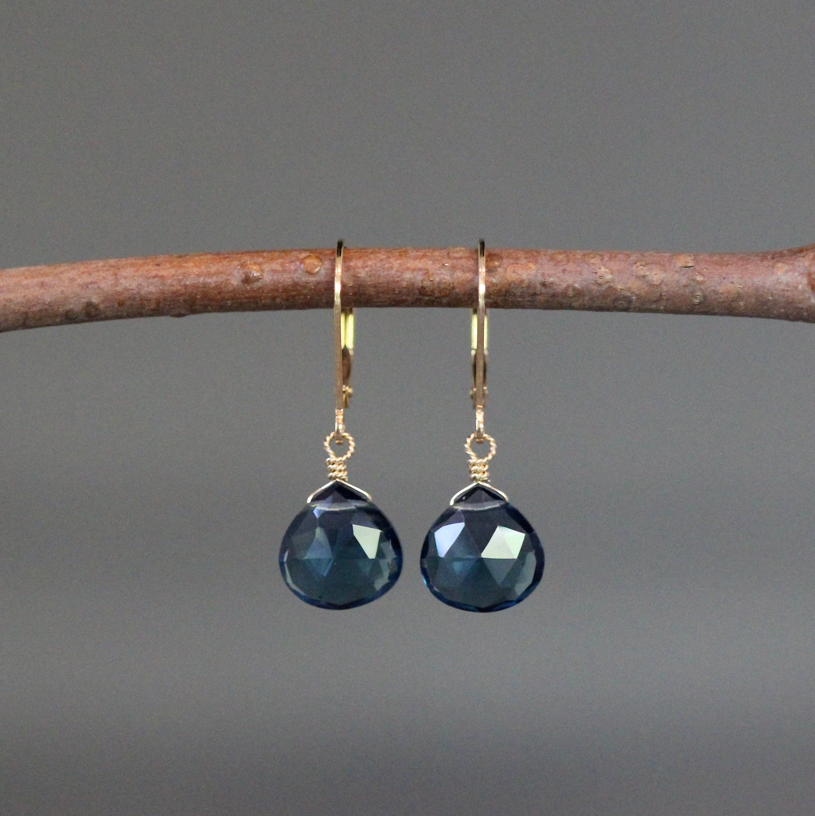 London Blue Topaz Quartz Dangle Earrings on Gold Filled Leverbacks