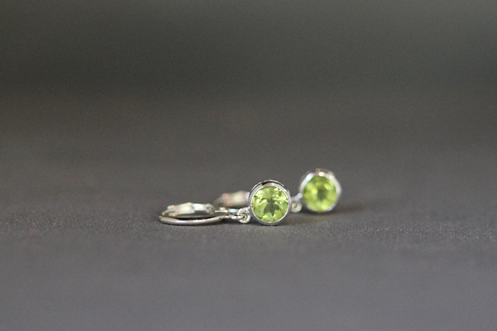 Peridot Bezel Charm Earrings on Silver Huggie Hoops