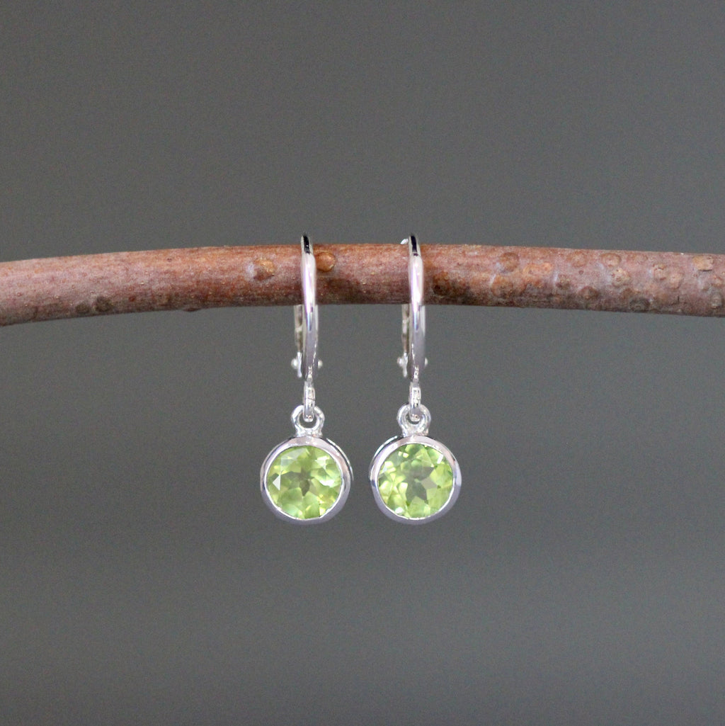 Peridot Bezel Charm Earrings on Silver Huggie Hoops