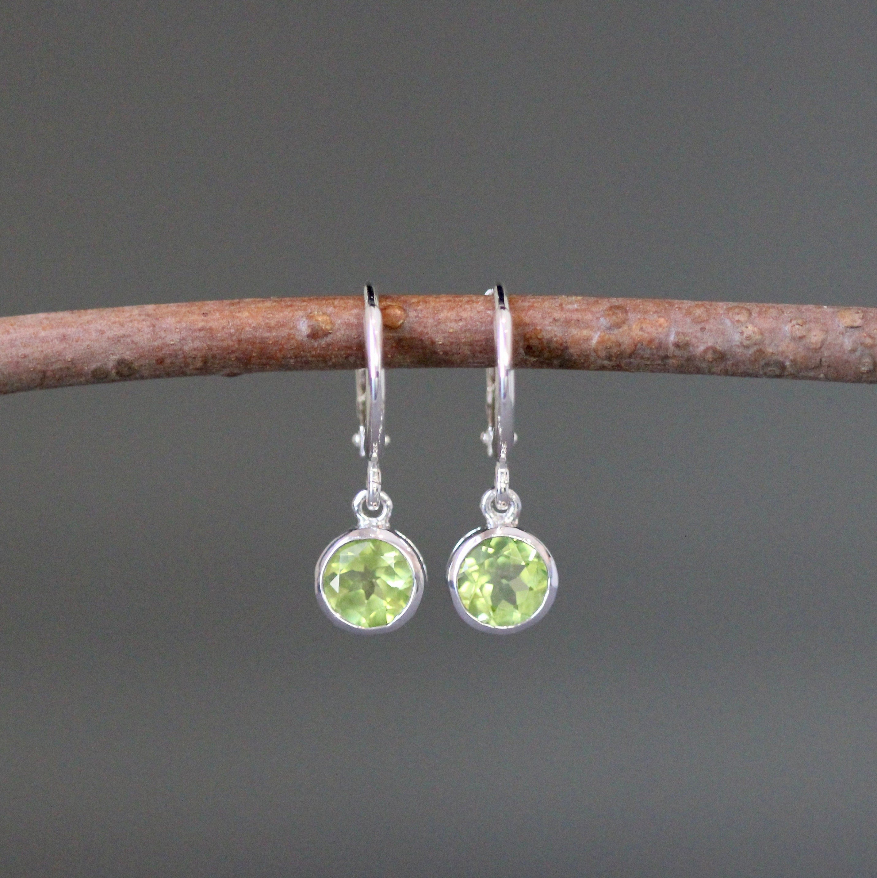 Peridot Bezel Charm Earrings on Silver Huggie Hoops