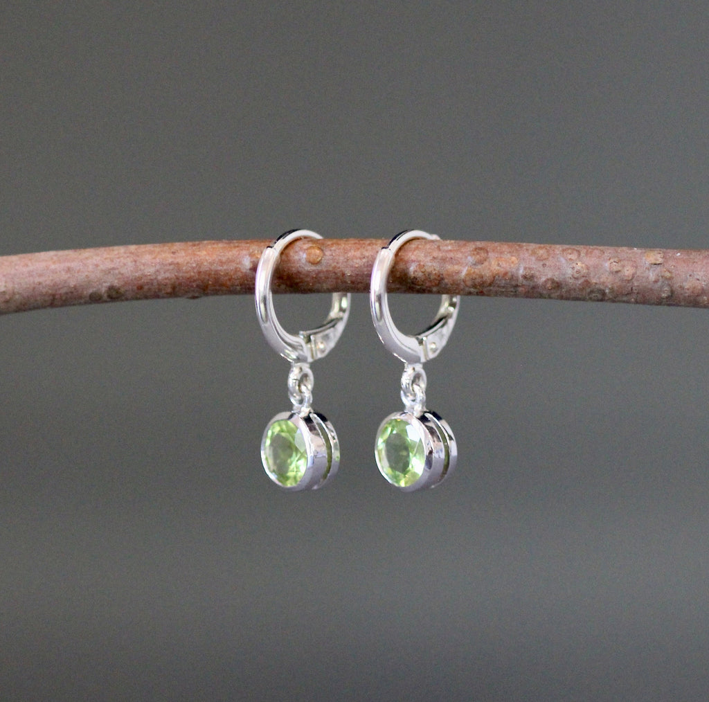 Peridot Bezel Charm Earrings on Silver Huggie Hoops