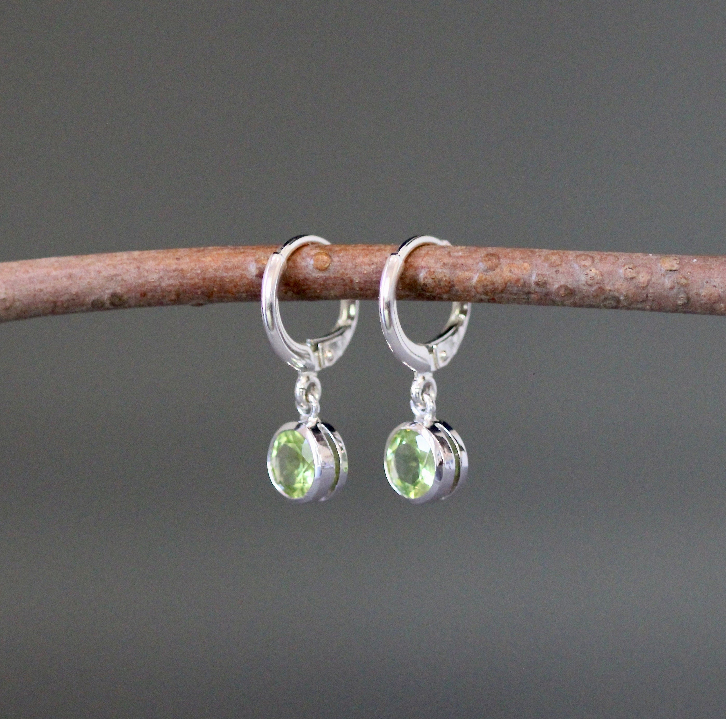 Peridot Bezel Charm Earrings on Silver Huggie Hoops