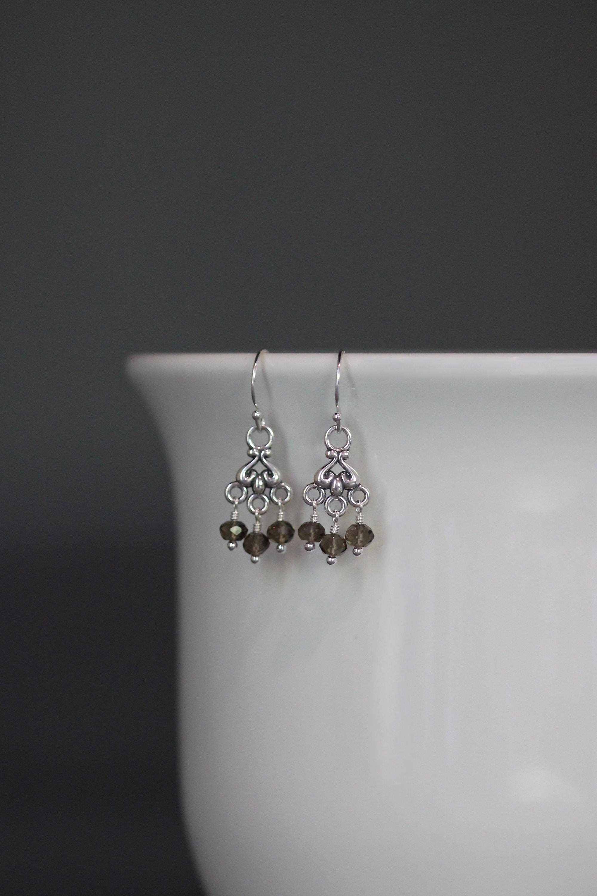 Smokey Quartz and Sterling Silver Bali Chandelier Dangle Earrings