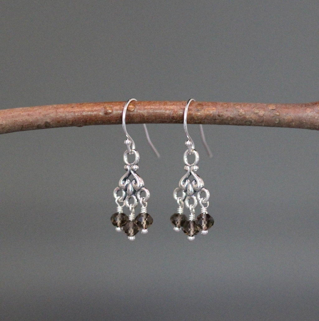 Smokey Quartz and Sterling Silver Bali Chandelier Dangle Earrings