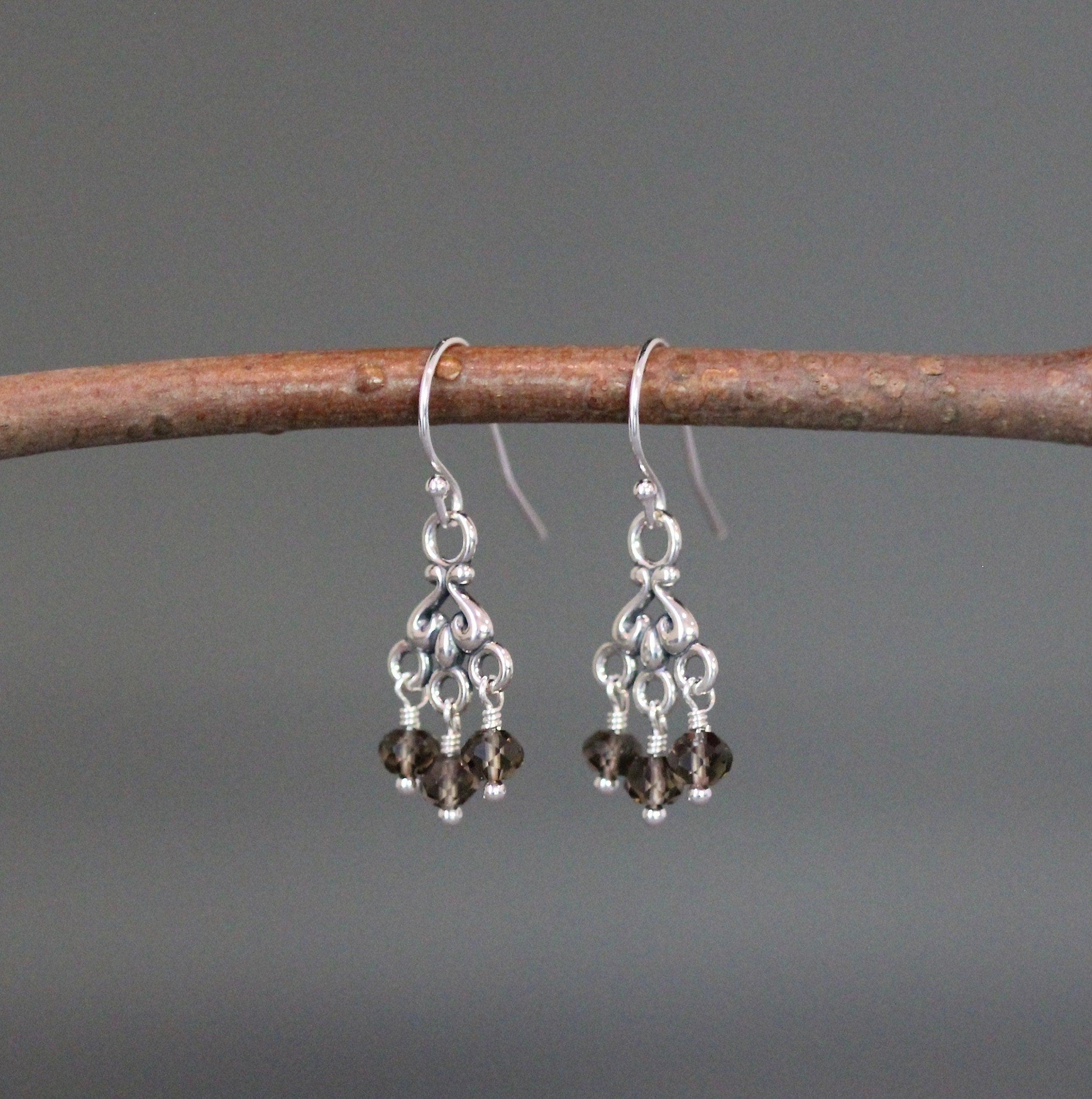 Smokey Quartz and Sterling Silver Bali Chandelier Dangle Earrings