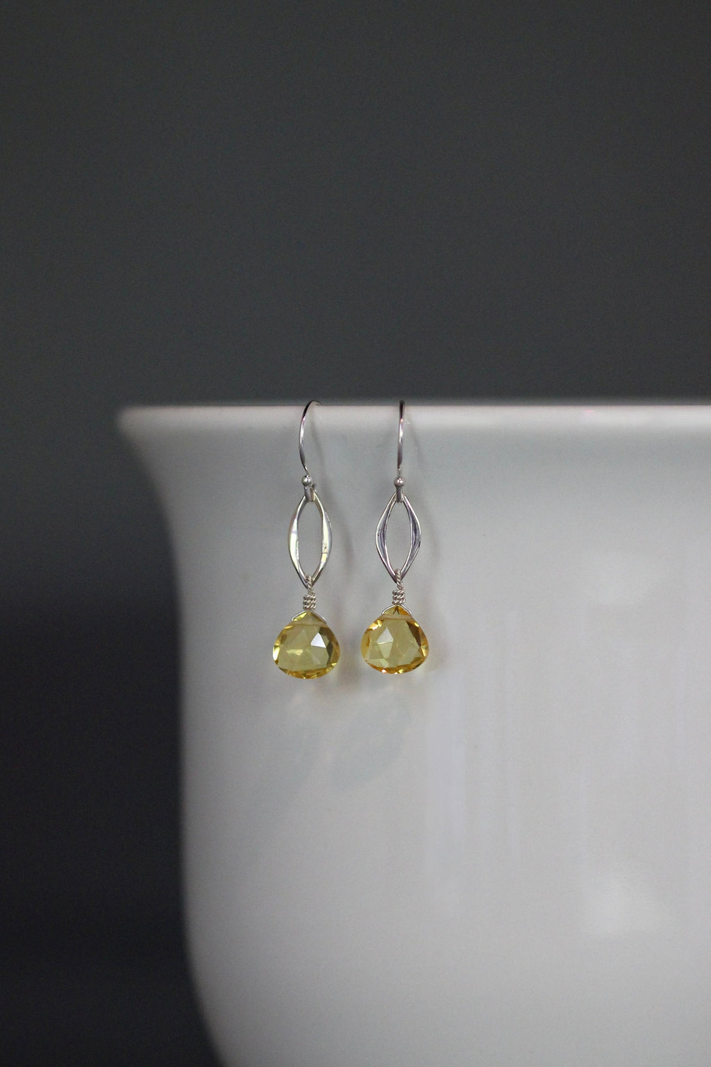 Citrine Quartz Teardrop and Sterling Silver Marquise Link Dangle Earrings
