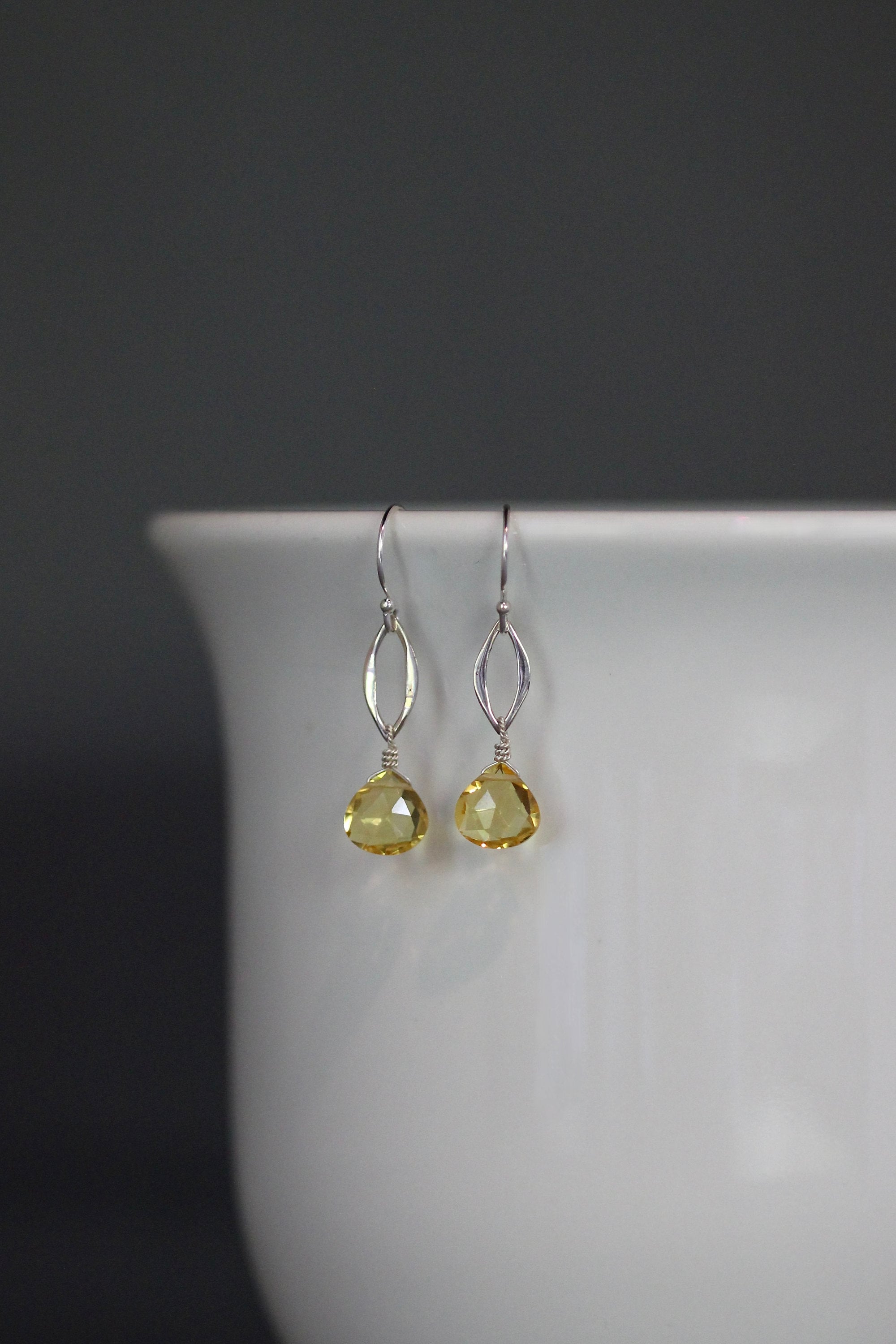 Citrine Quartz Teardrop and Sterling Silver Marquise Link Dangle Earrings