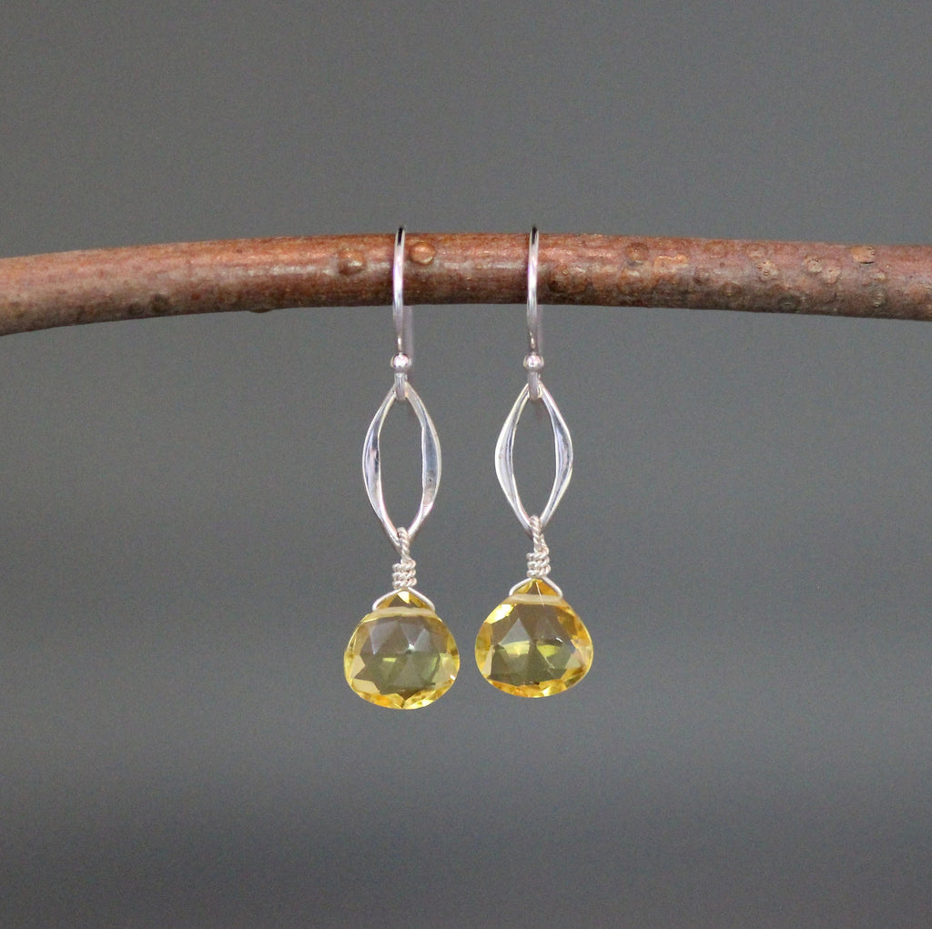 Citrine Quartz Teardrop and Sterling Silver Marquise Link Dangle Earrings